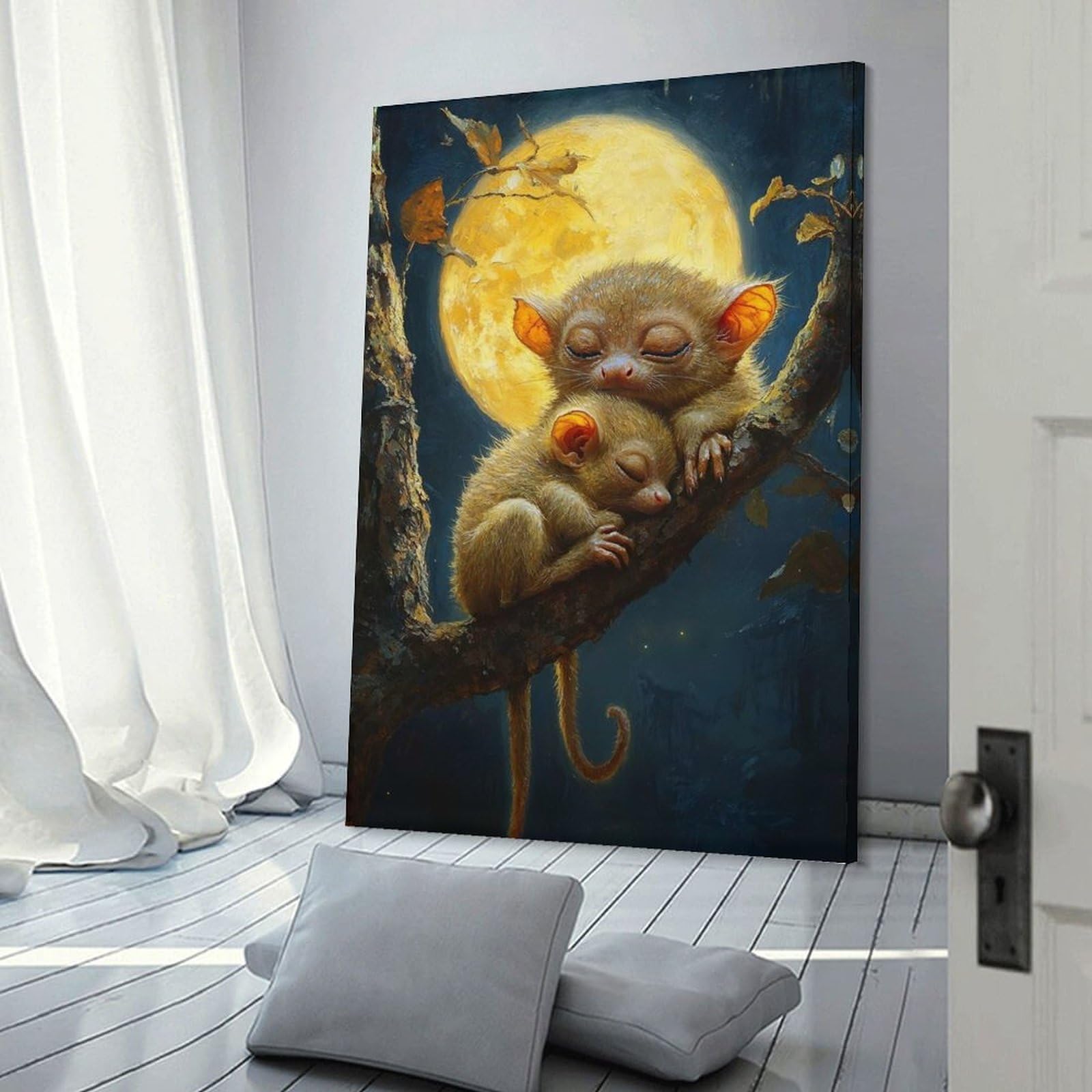 Junmoney Frame-Style-13 Sleeping Tarsiers Under The Moonlight Canvas Wall Art 20X30inch(50X75cm), For Workspace Walls, Study Corners Or Bedrooms, Wall Art That Adds Style To Work Areas