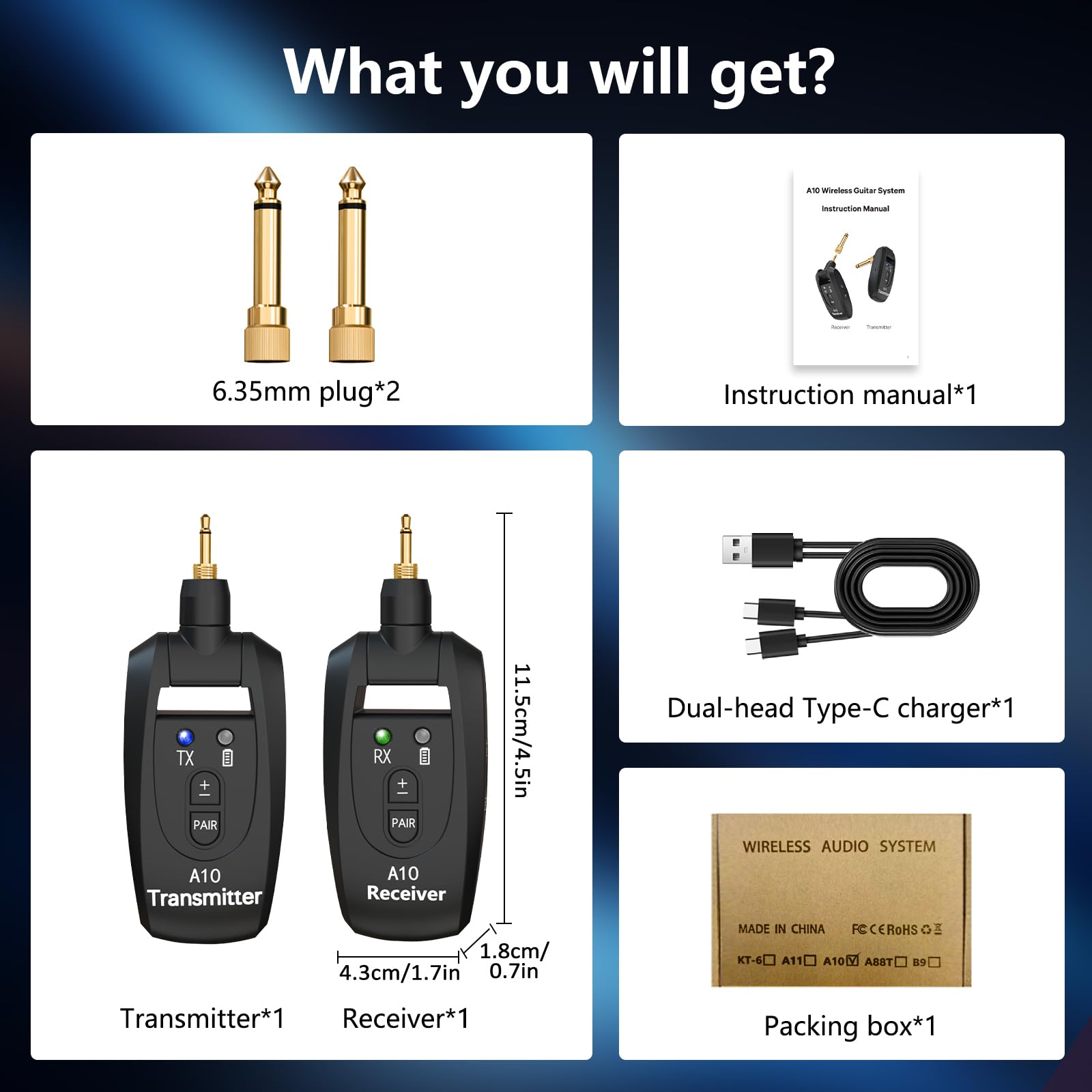 A10 Sistema Wireless per Chitarra UHF, 2 Modalità, Batteria Li Ricaricabile, 30m di Portata, Plug & Play per Chitarra, Basso, Violino, Tastiera - Nero
