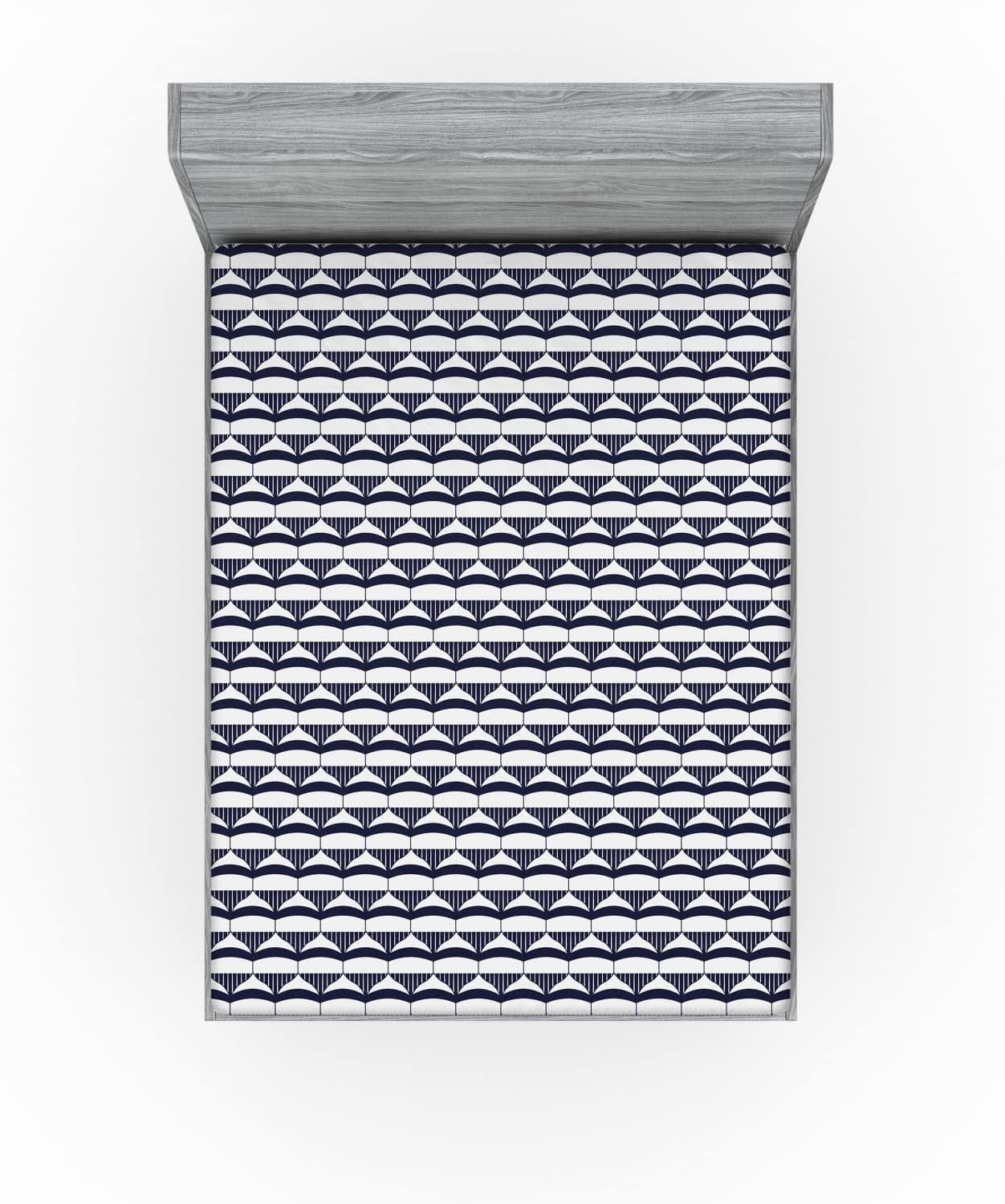 Ambesonne Traditional Fitted Sheet, Chinese Geometry Motif with Curved Forms Stripes Far Eastern Abstract, Bed Cover with All-Round Elastic Deep Pocket for Comfort, King Size, Dark Indigo White