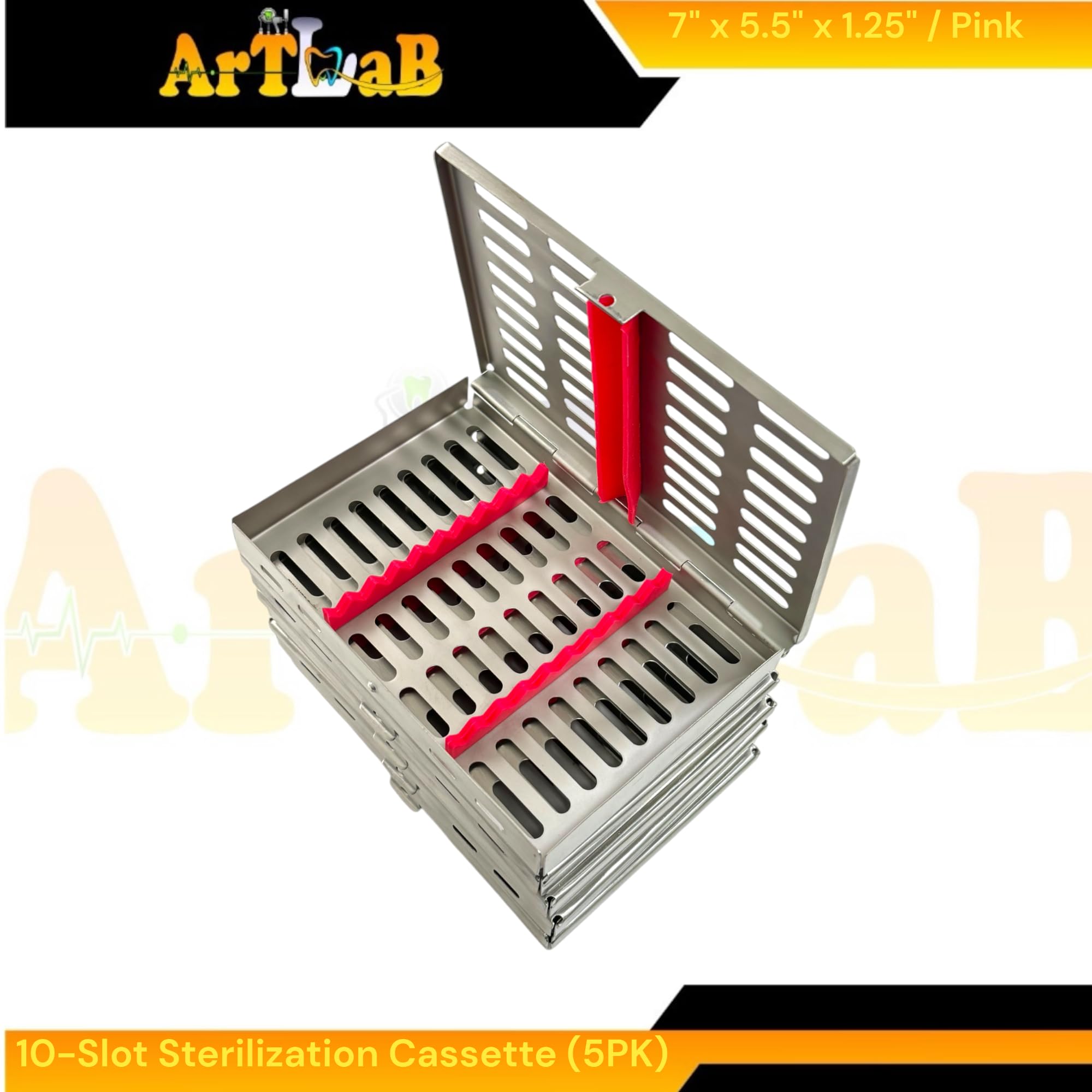 5 Count Dental and Veterinary Instrument Sterilization Cassette Boxes, 10 Instrument Slot Removable Pink Silicone Inserts - German Steel