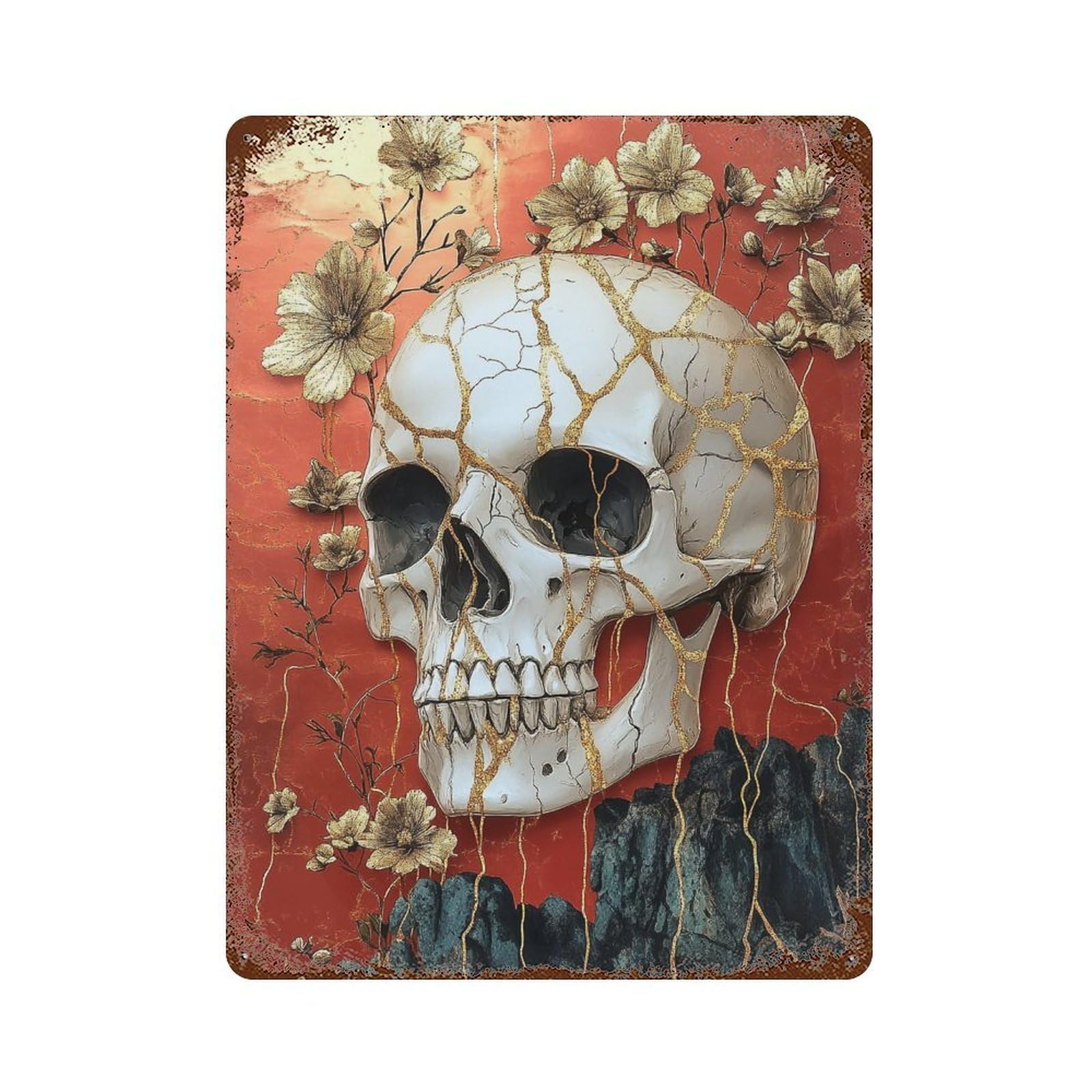 Rust Effect Gothic Skull Wall Art Decor-2 Rustic Tin Plaque 15.7"x11.8", Classic Wall Plaque for Shed, Workshop And Garage Wall Decor