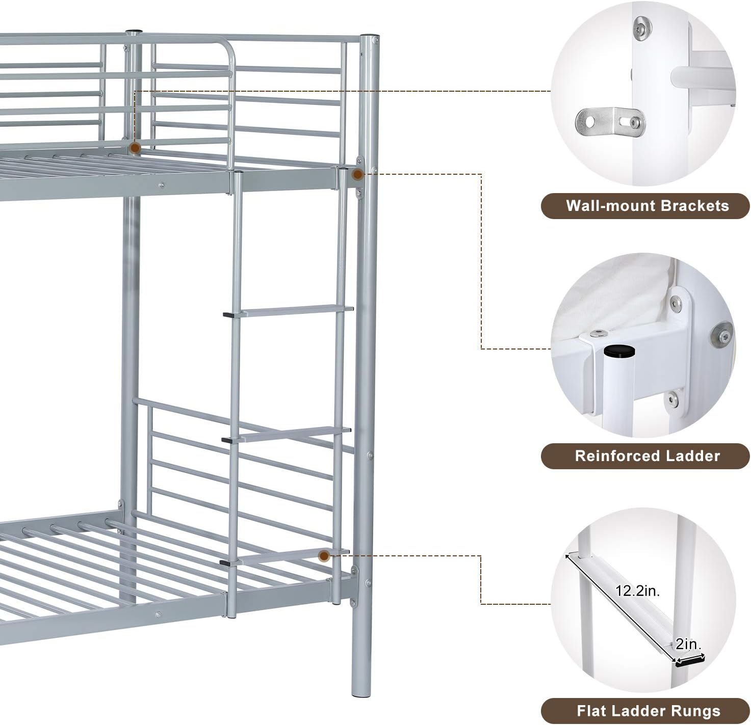 Bonnlo Metal Bunk Bed Twin Over Twin with High Guard Rail and Non-Slip Flat Step, Twin Bunk Beds for Kids/Teens/Adults, Heavy Duty Bunk Beds Gray
