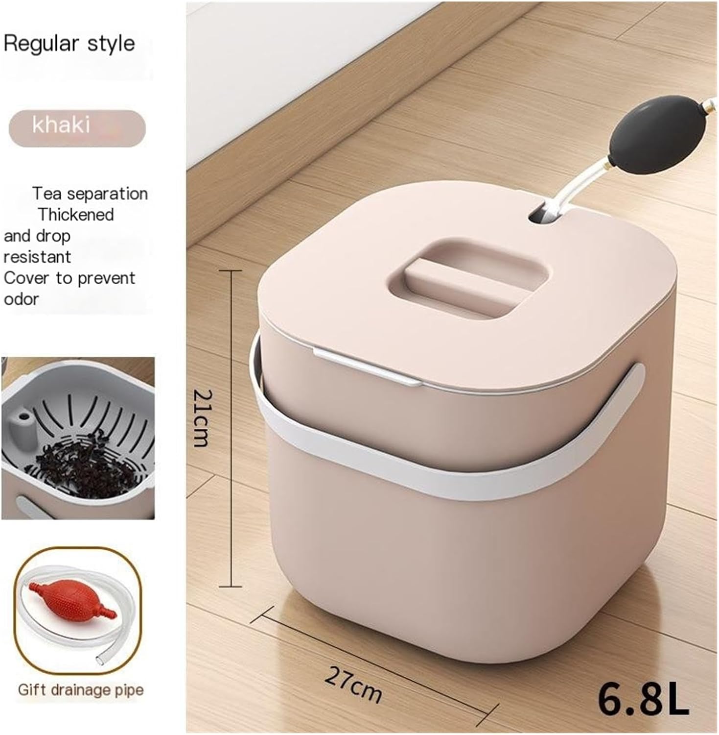 6.5L Tea Waste Bucket with Filter - Large Capacity Tea Dregs Bin with Lid & Drain, Portable Tea Waste Storage for Loose Tea(Light Grey)