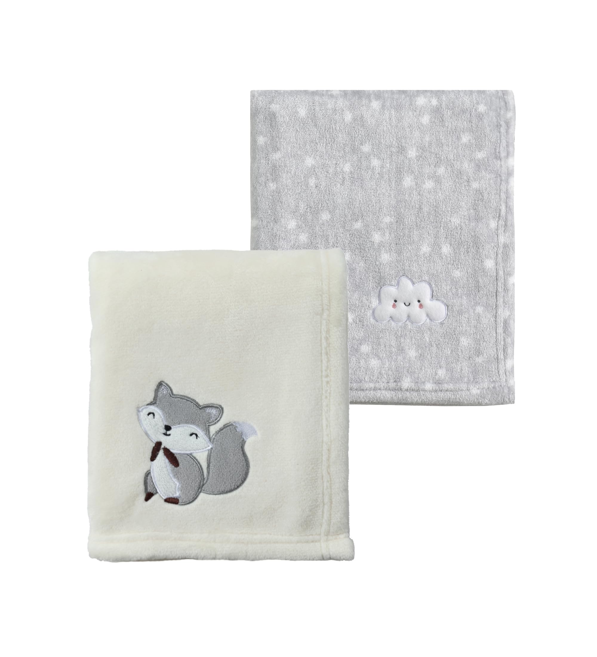 CREVENT 2Pcs 75cmX100cm Cute Cozy Fluffy Warm Baby Blankets for Infants Toddlers' Bedding Crib Cot Stroller - Grey Cloud + Fox