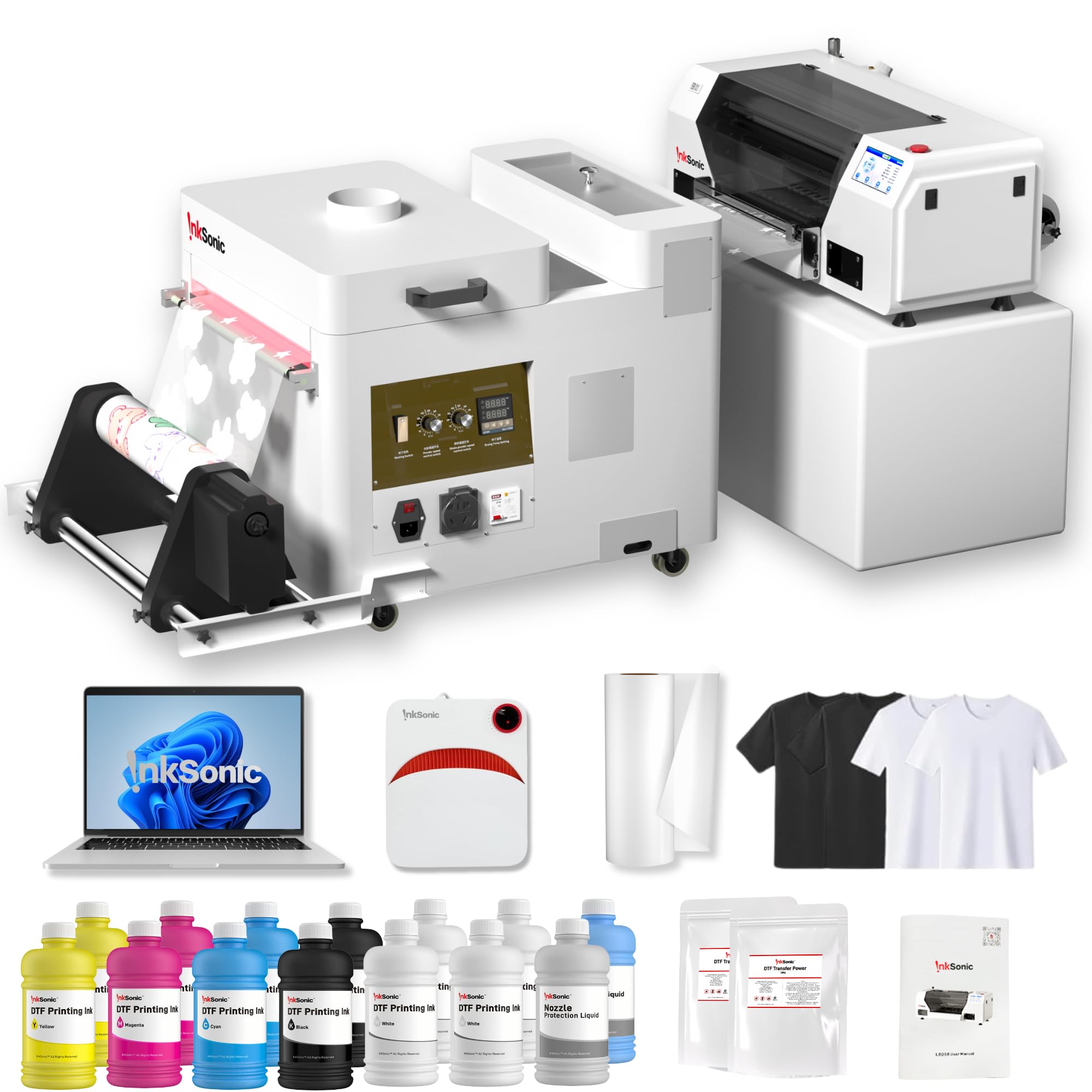 INKSONIC U13 XP600 DTF Printer Bundle, A3 Printing Machine with Powder Shaker & Dryer and Pre-Installed Laptop Combo, Automatic Curing, T-Shirt Printing, DTF Transfer Machine with Ink Circulation