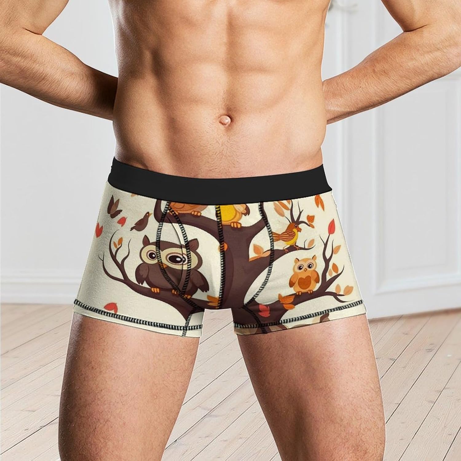 Cartoon Owl on Tree Mens Boxer Briefs Short Breathable Underwear Trunks Soft Moisture-Wicking Boxer Shorts Novelty Underpants 2XL White