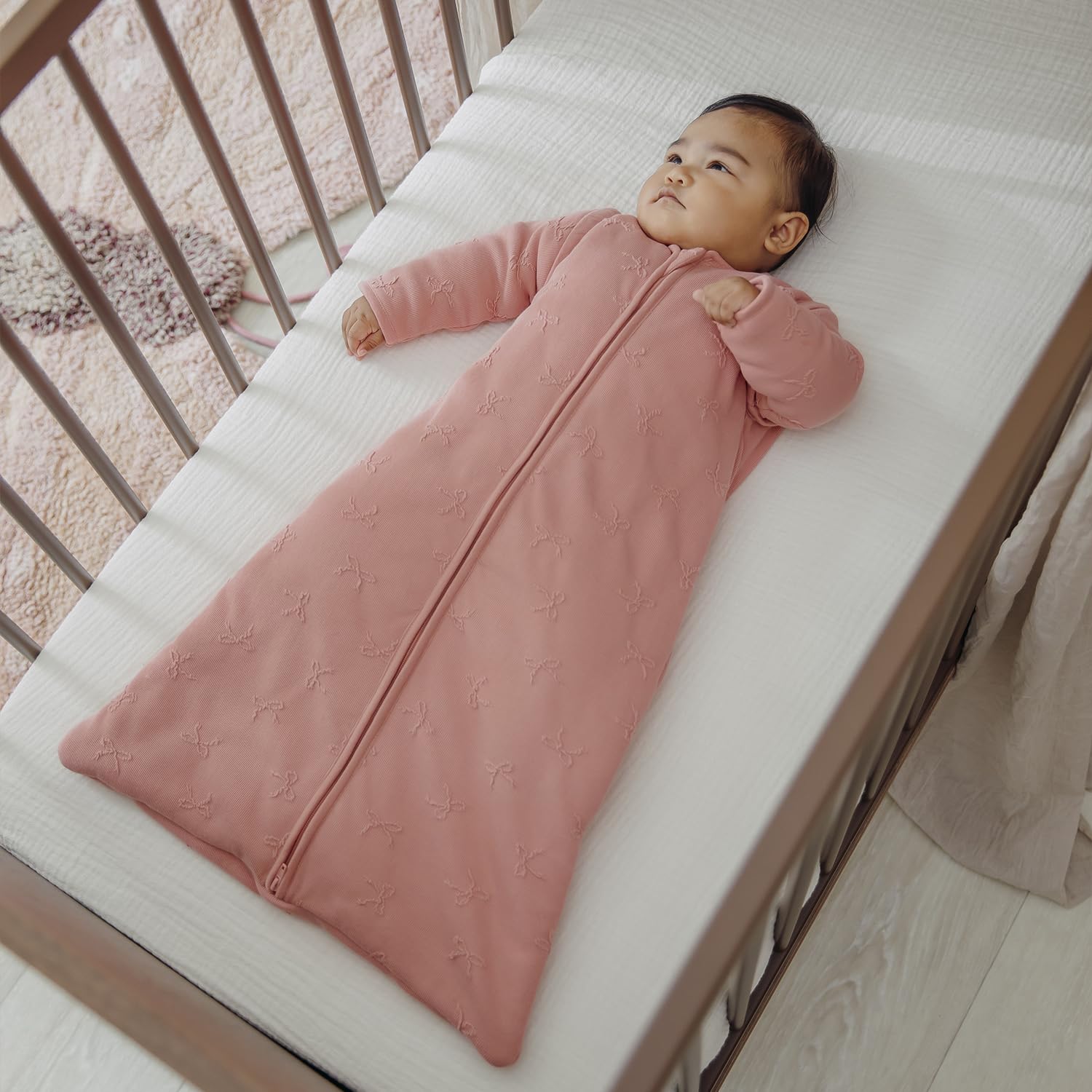 MEYCO Ganzjahresschlafsack abnehmbaren Armen 70cm 2.5TOG Bow Rose | Aussenseite 100% Baumwolle - Oeko Tex zertifiziert - Schlummersack - langer Reißverschluss - hautfreundlich, atmungsaktiv