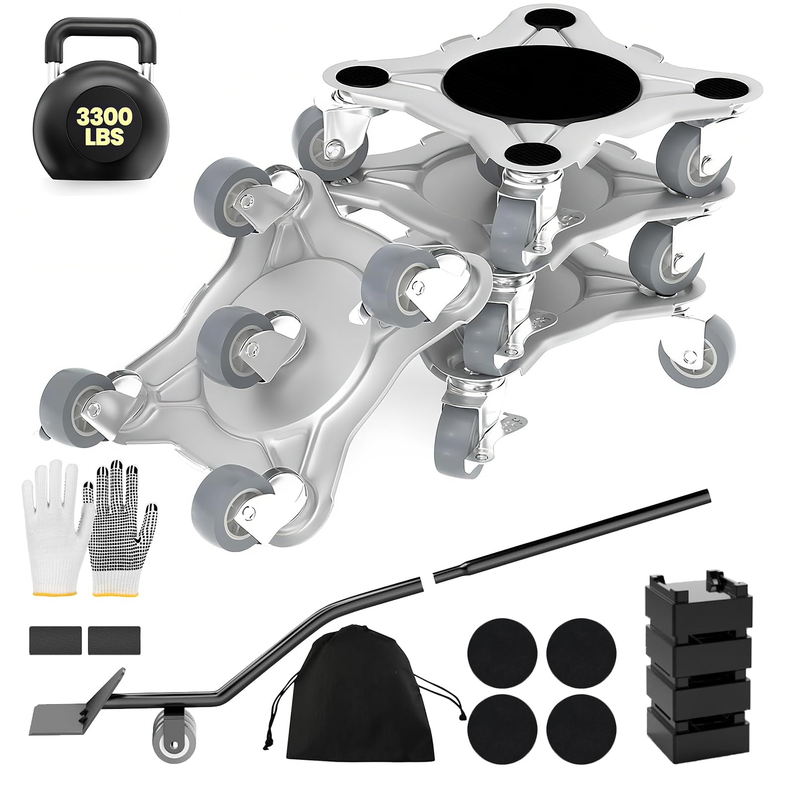 Upgrade 3000LBS Heavy Duty Furniture Dolly & Movers, 6.3" Carbon Steel Panel with 5 360° Rotatable Rubber Universal Wheels, Includes Non-Slip Sliders