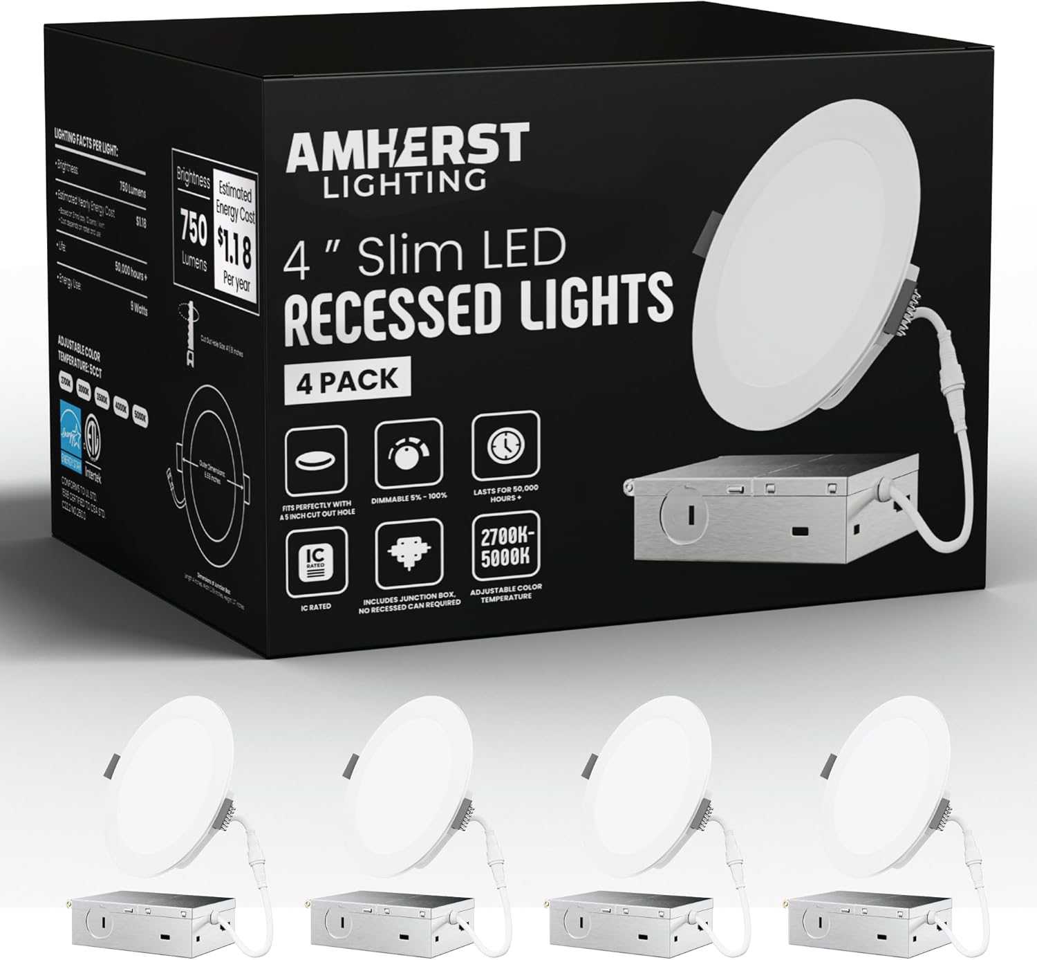 4 Inch Slim LED Recessed Lights, 4 Pack, 5CCT Selectable Color Temperature, Dimmable, New Construction or Remodel Downlights with Junction Box (4 Inch)