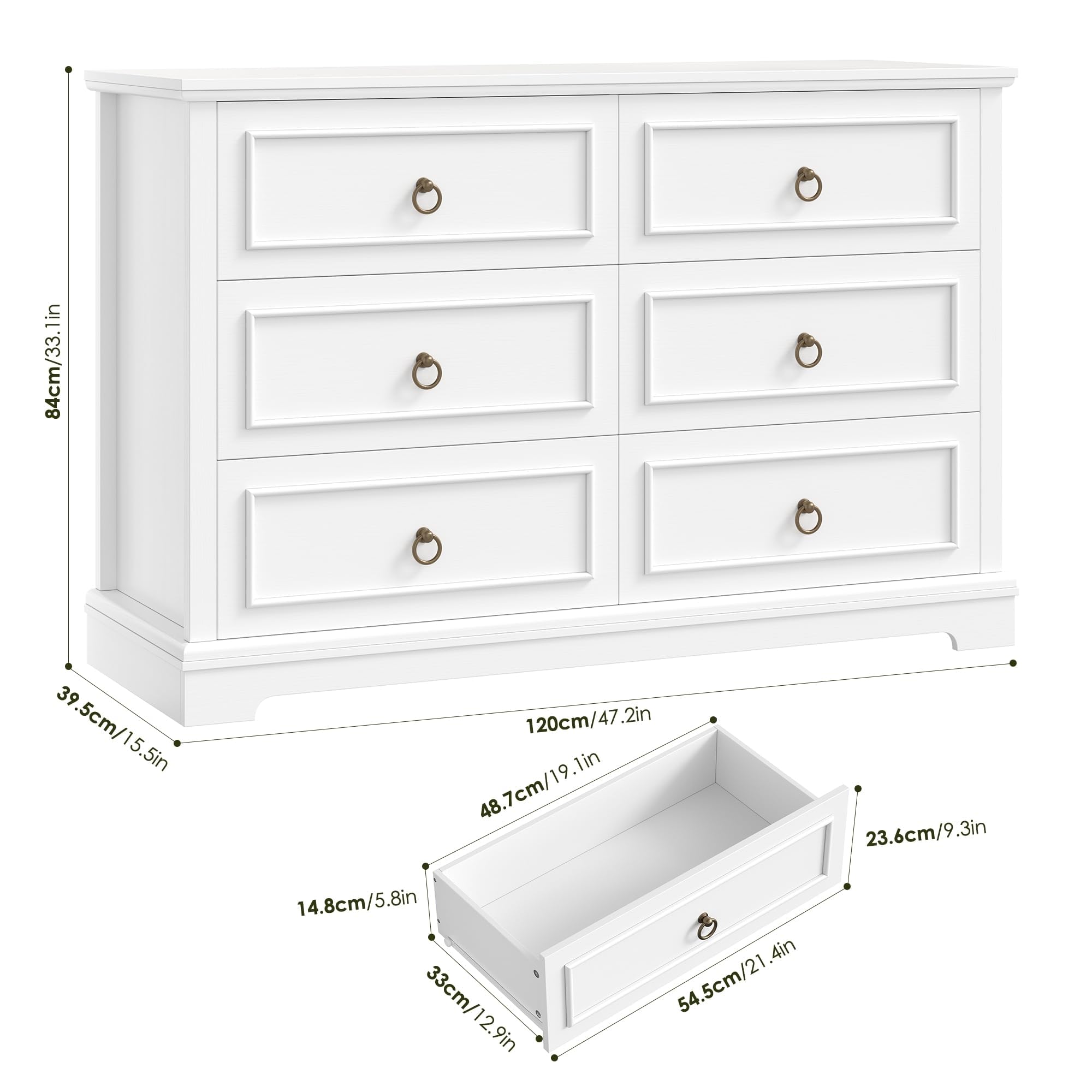 Cassettiera a 6 Cassetti, 120 cm Cassettiera Camera da Letto con Venature del Legno, Mobiletto Multiuso Armadietti da Camera da Letto per Soggiorno, Cucina, Bianco, 84×39,5×120 cm