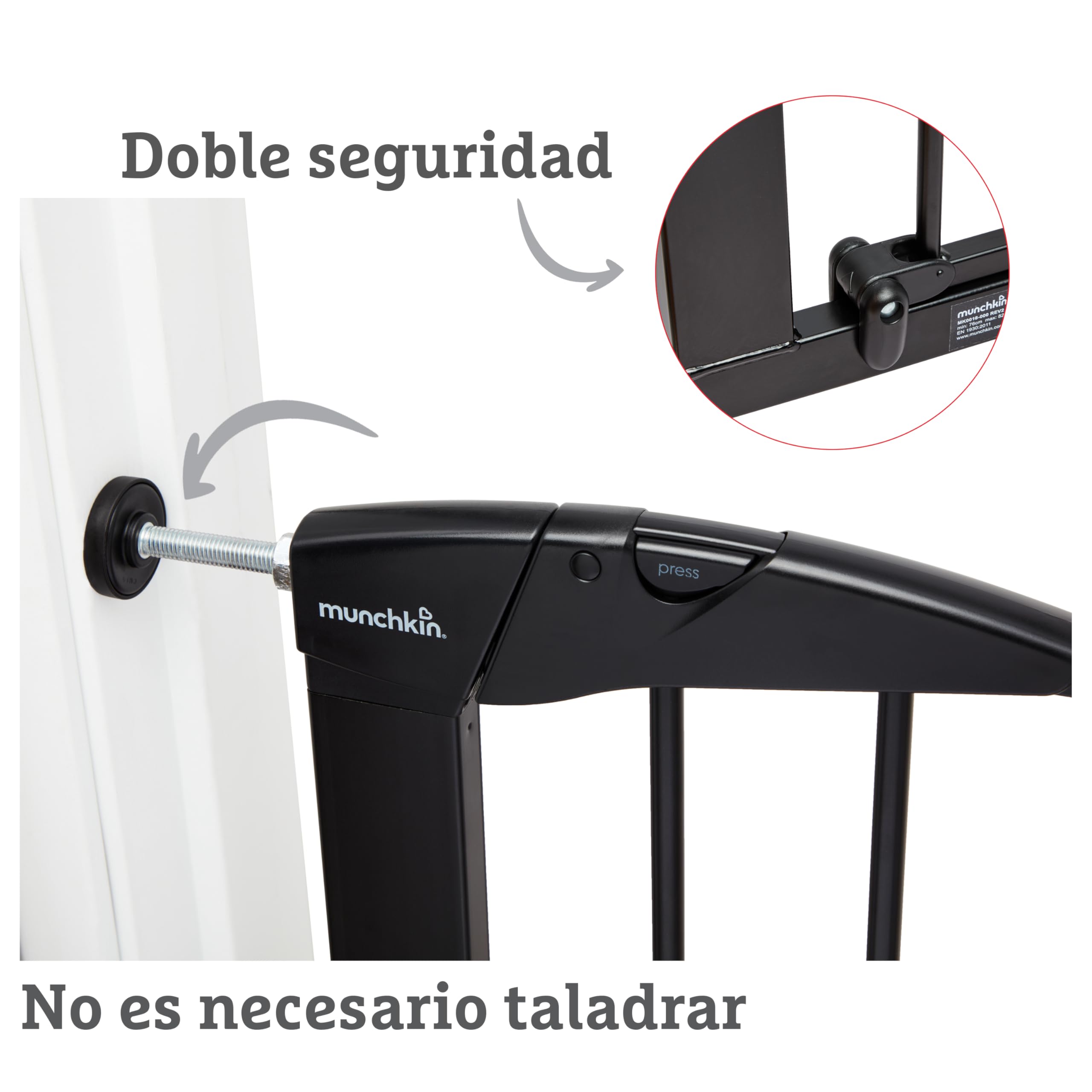 Puerta de Escalera Munchkin, Segura para niños pequeños y bebés, Puerta de Escalera de Ajuste a presión para bebés o Perros, Puerta de Seguridad, 76-82 cm, Negro