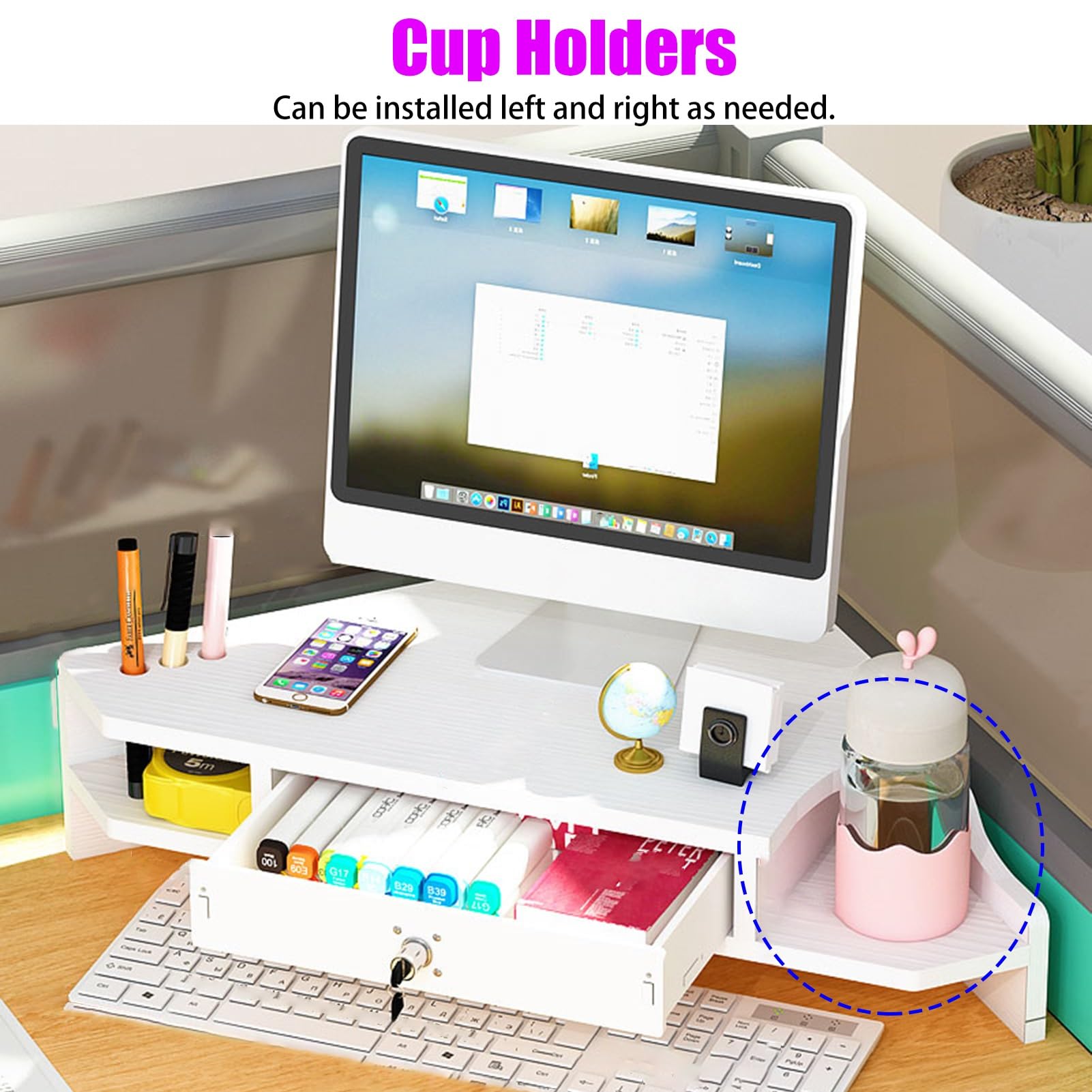 Supporto per monitor e computer portatile con contenitore, design a triangolo a 2 ripiani, per PC, TV, tablet, ideale per organizzare la scrivania in casa o in ufficio