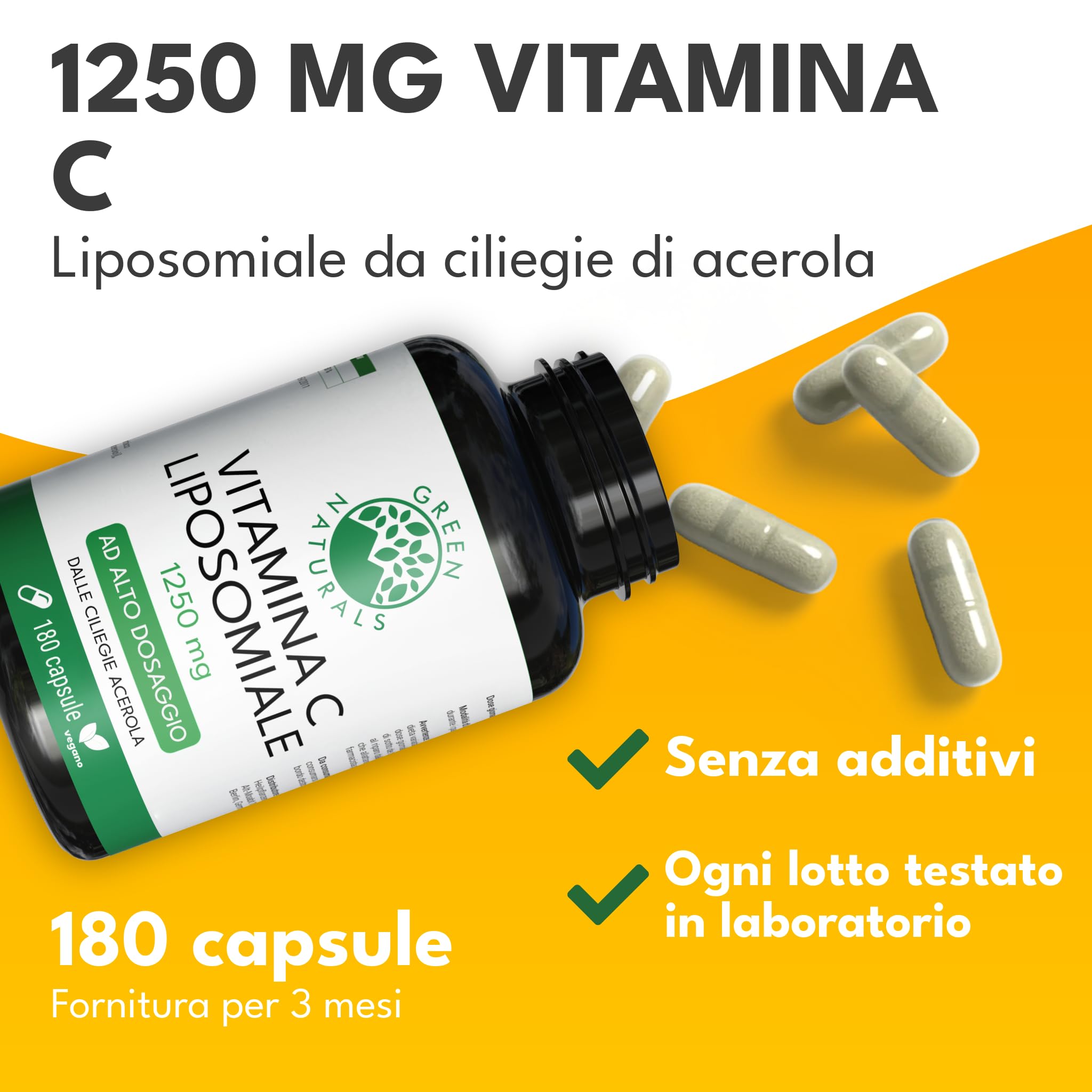 Vitamina C liposomiale 1250mg - Importante: massima biodisponibilità e assorbimento - 180 capsule vegane a base di ciliegie di acerola - Green Naturals®
