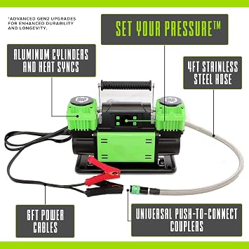 MORRFlate TenSix PSI Pro 12 Volt Air Compressor Heavy Duty - 10.6 CFM Portable Dual Cylinder Off Road Air Compressor with PSI Pro Technology - 4FT Stainless Steel Hose - Includes Carry Bag & Gloves