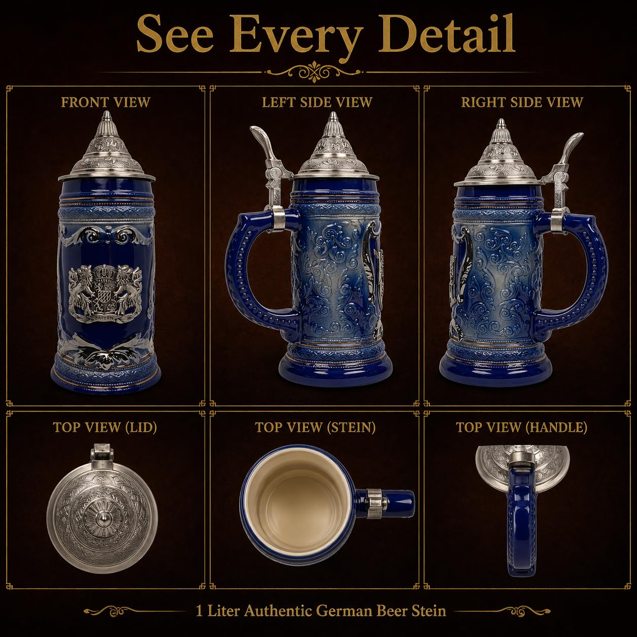 Tazza in ceramica blu cobalto da 1 litro con stemma del Bayern Germany inciso medaglione in metallo e coperchio in metallo ornato