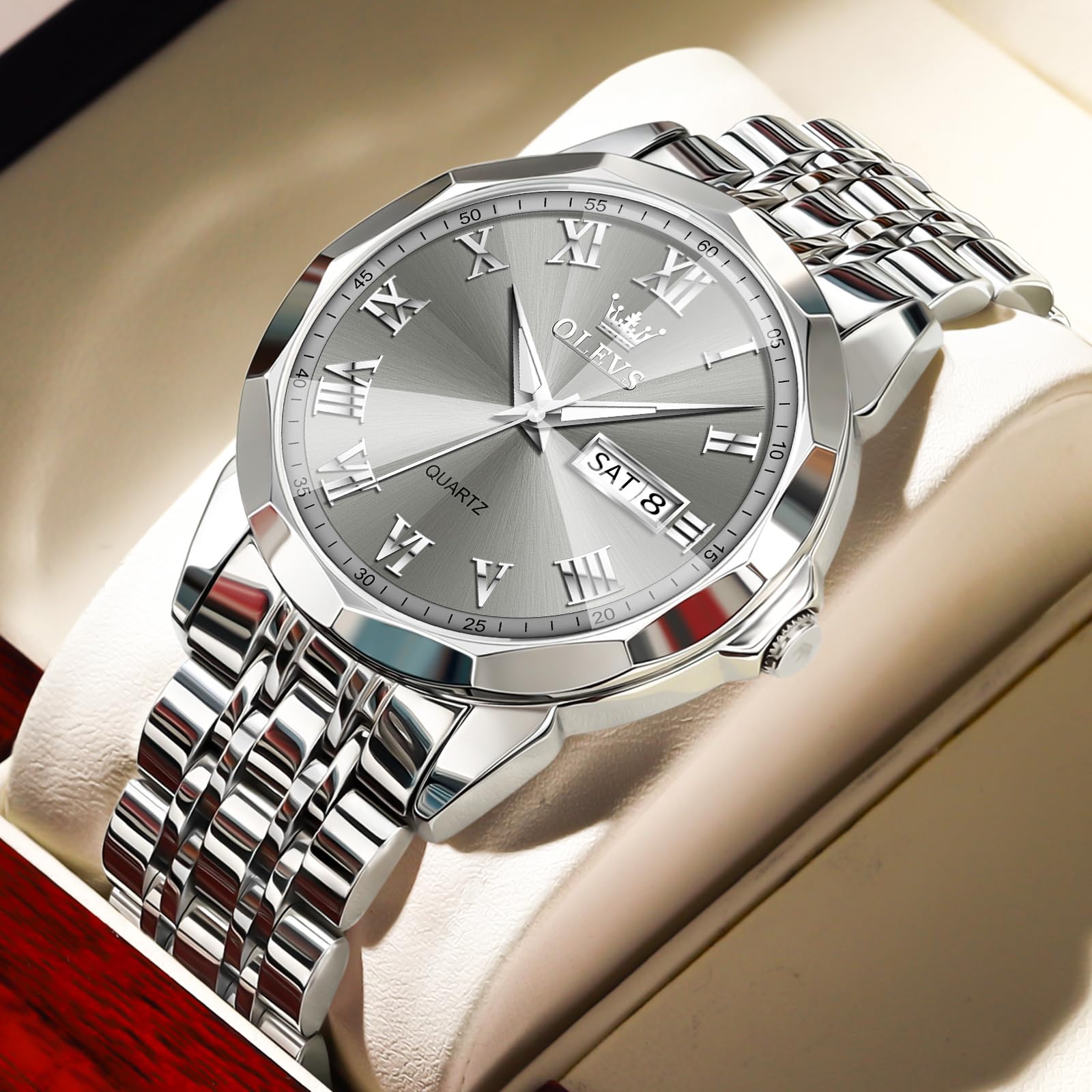 OLEVS Men Watch Grey Face Silver Watches for Men Luxury Stainless Steel Watch for Men Roman Numeral Waterproof Men Watch Date Dress Reloj para Hombre