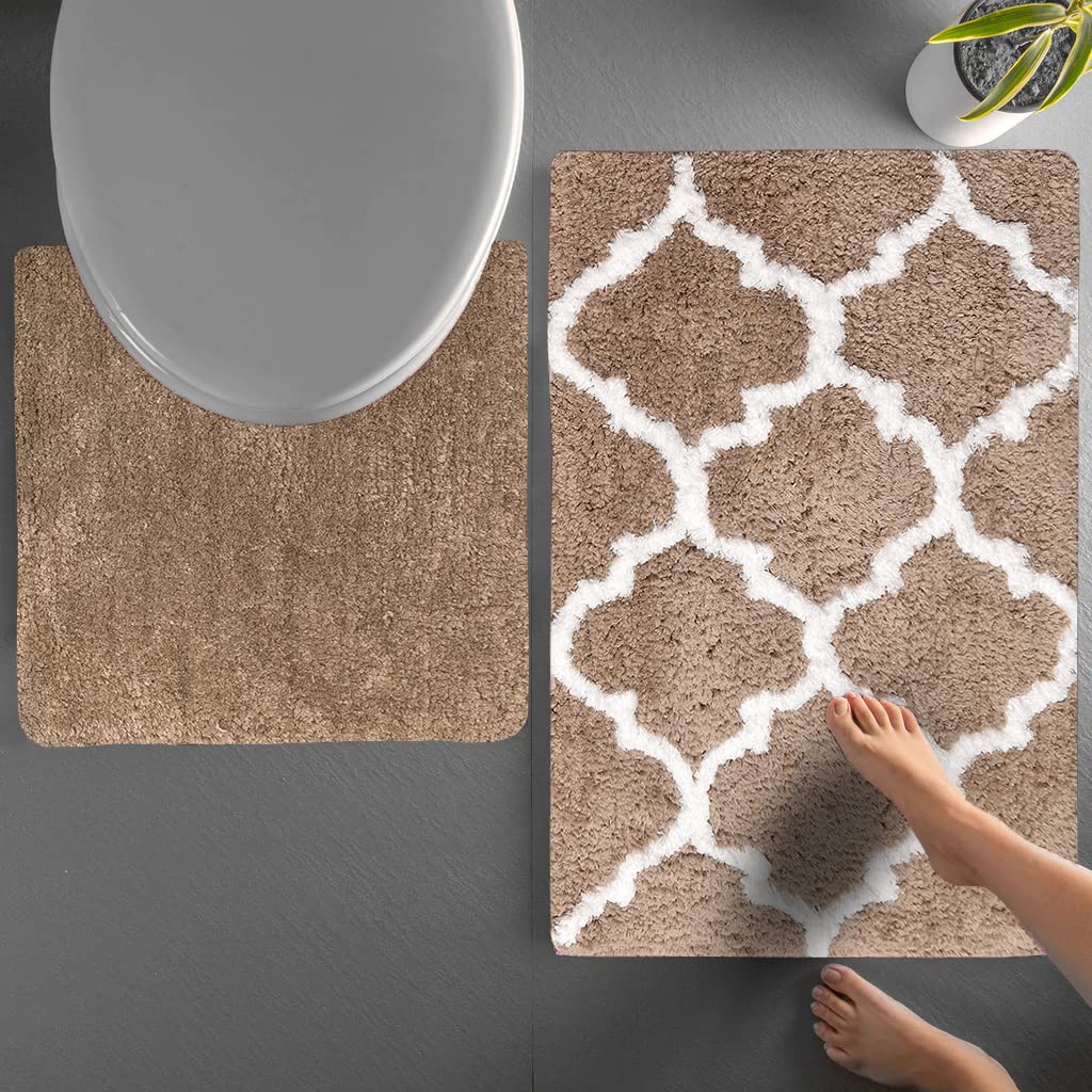 AEROHAVEN™ Set of 2 Glorious Super Soft Microfiber Bath Mat with Contour Mat (Taupe, 40X60 cm & 40X50 cm)