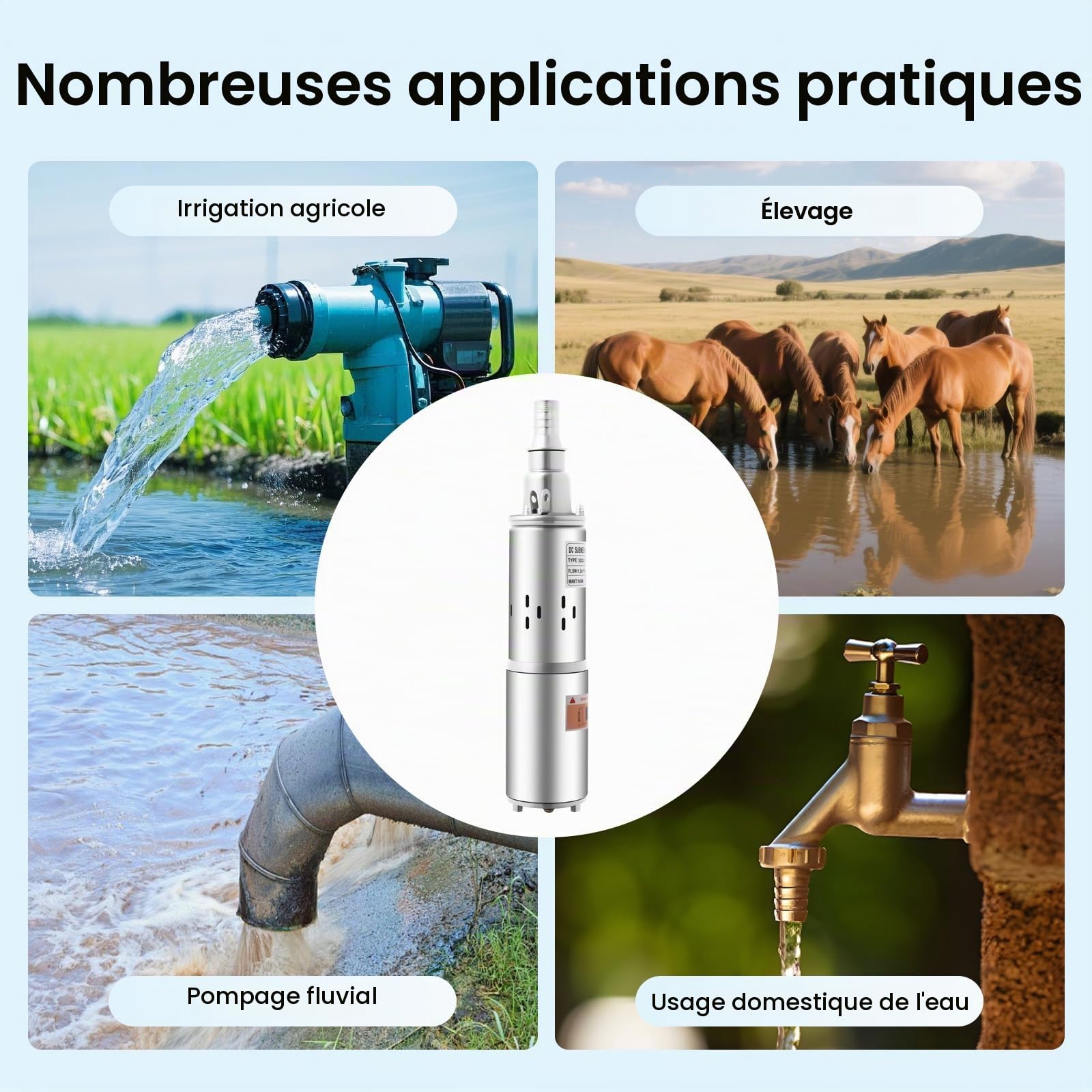 Pompe Immergée, 12V Pompe A Eau, 180W Pompe Immergée Pour Puits, Débit 1,2m³/h, Outil de Pompage pour Jardin et Irrigation (Argent)