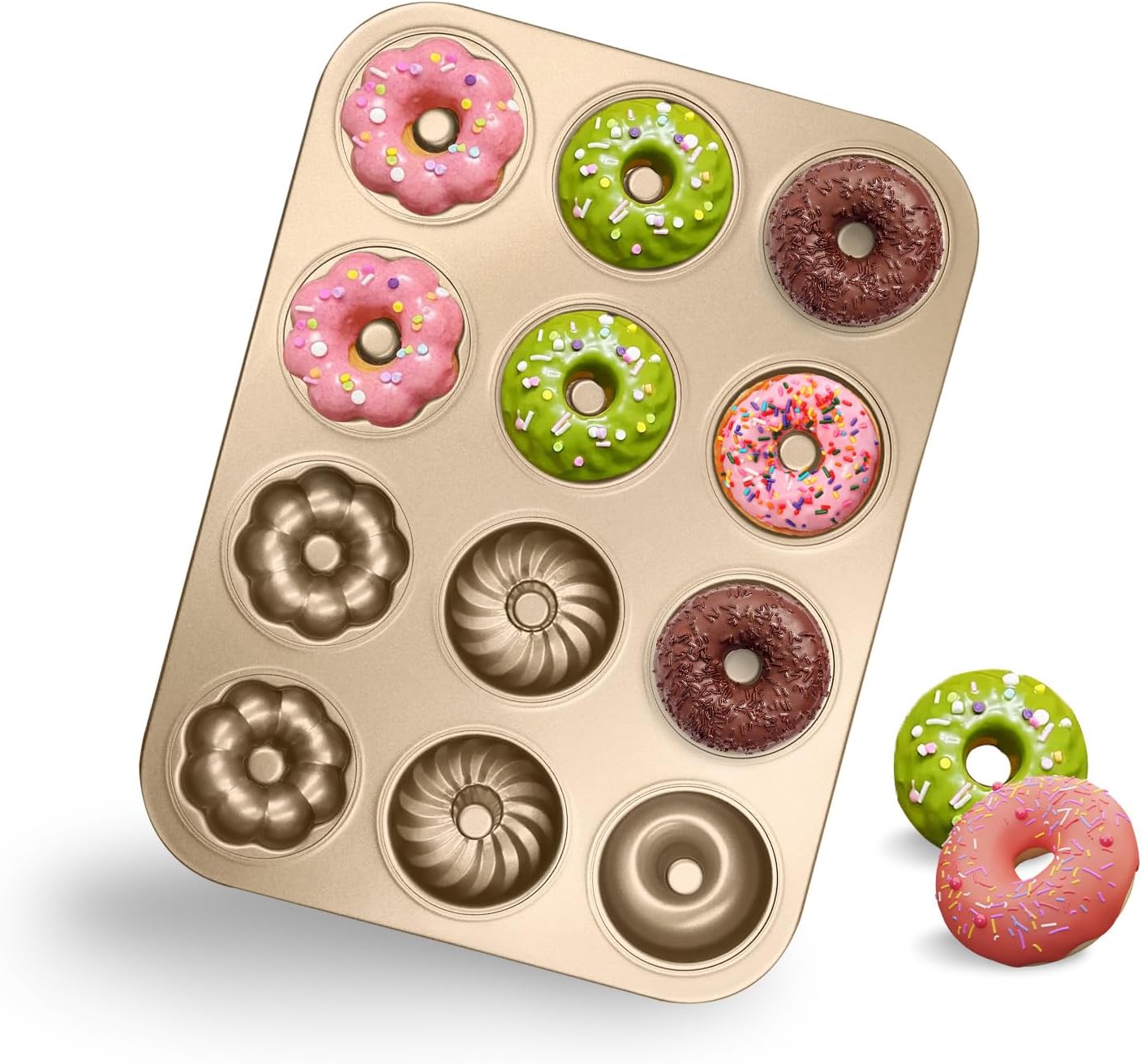 Non-Stick Donut Baking Tray Doughnut Pan 12-Cavity Donut Mold for Muffin, Cake, Dessert Oven Baking Gold