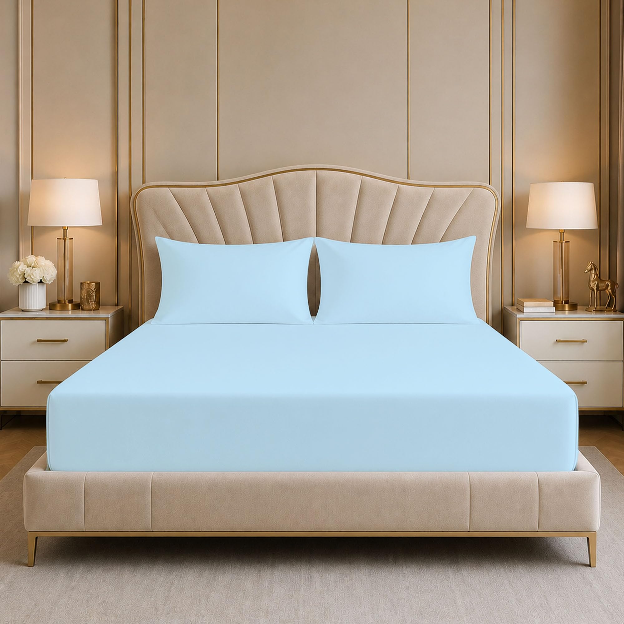 Reliancebedding Sky-Blue 3Pcs Single Fitted Sheet Set, 400Tc Egyptian Cotton, 35Cm Depth