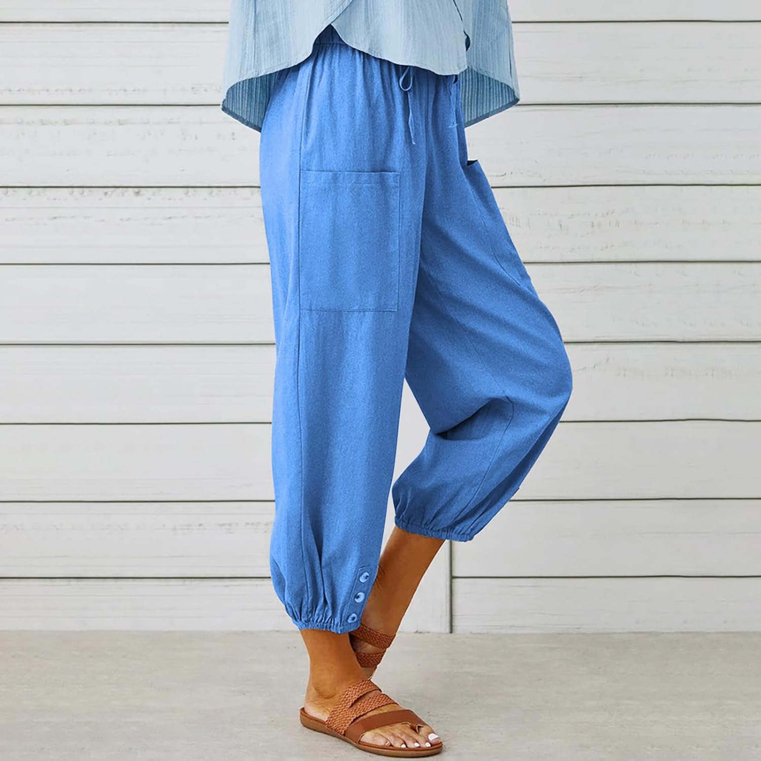 Women's Cropped Drawstring Waist Wide Leg Loose Cotton Linen Capri Pants for Women - Image 2