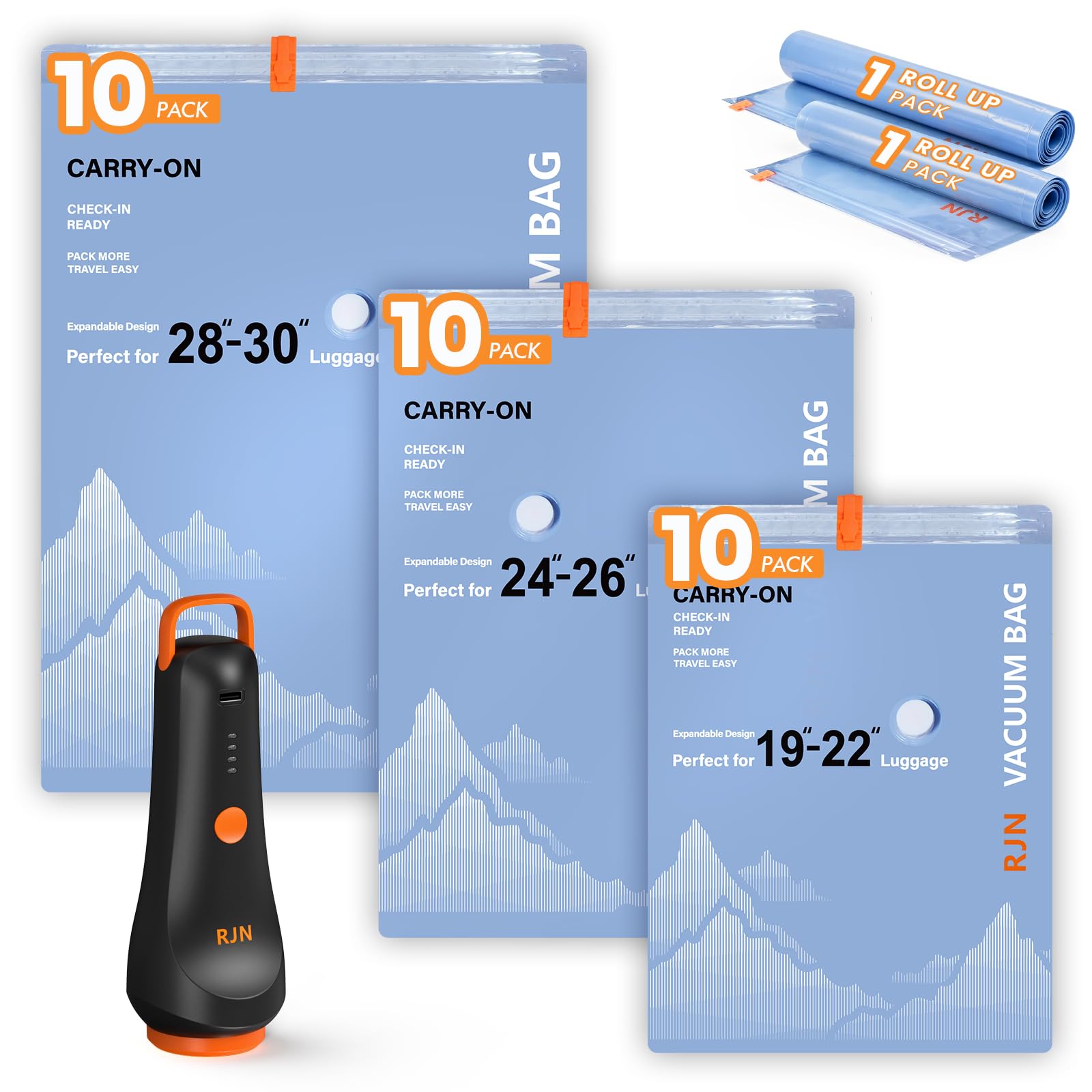 RJN Sacchetti sottovuoto con pompa ad aria wireless ricaricabile, sacchetti di imballaggio a compressione per viaggi, sacchetti sottovuoto salvaspazio per abbigliamento, coperte, trapunte, cuscini