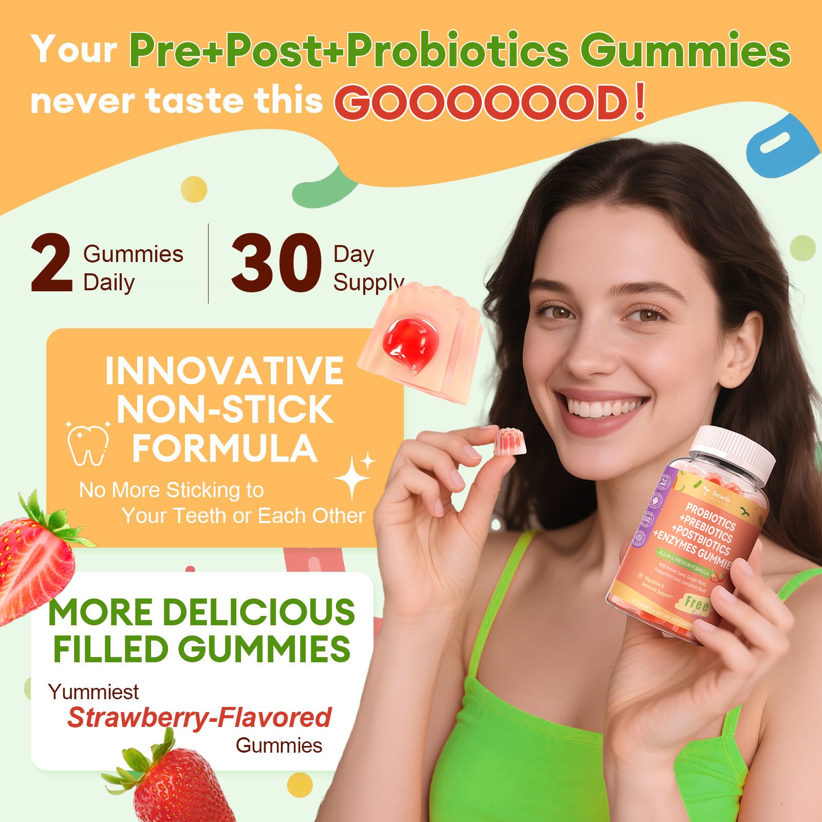 (2 Packs) Totaria Sugar Free 5-in-1 Probiotic Prebiotic Postbiotic Gummy, Probiotics for Women Men with Digestive Enzymes, Peppermint, Complete Immune, Gut & Digestive Support, Vegan Strawberry Flavor — Amazon image 7