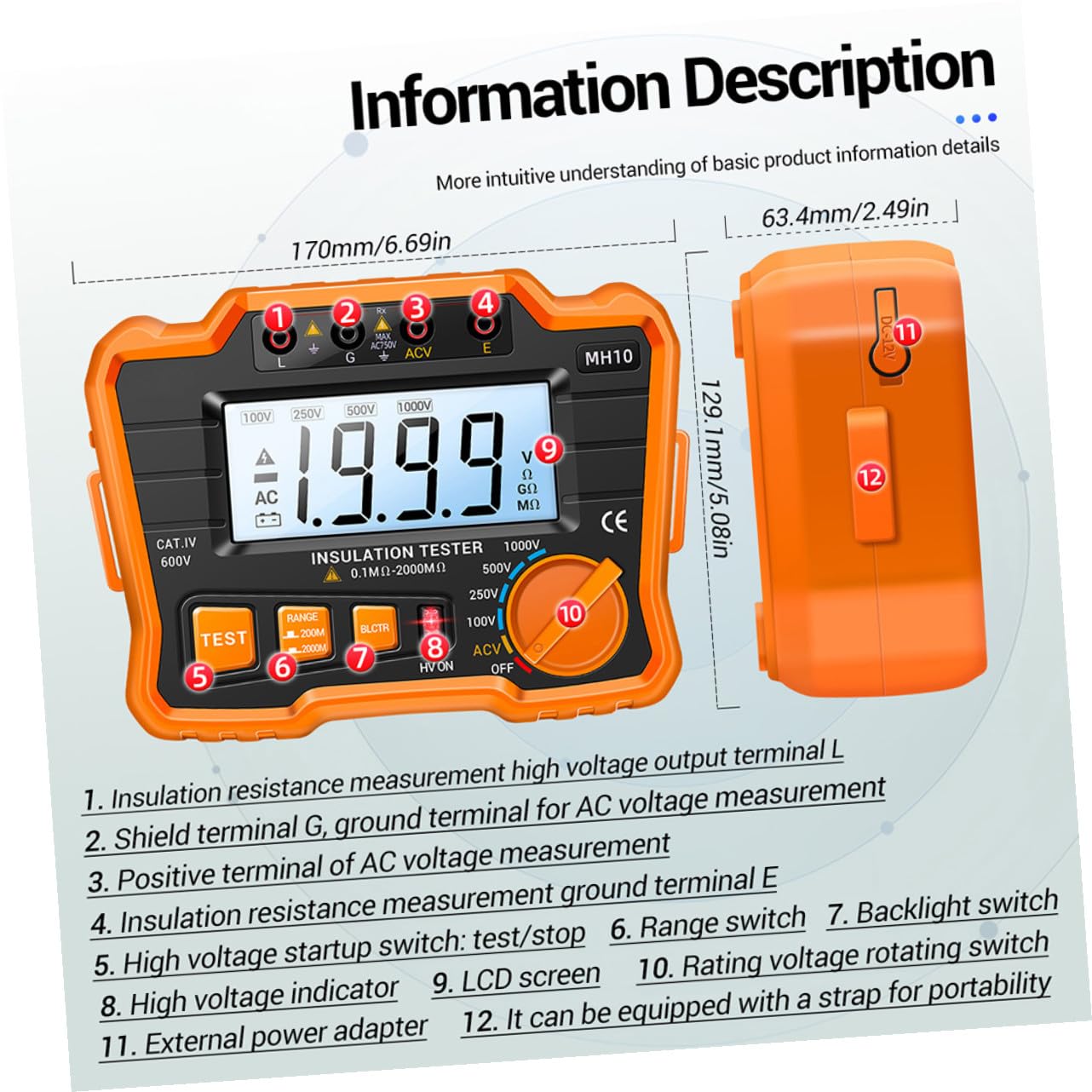 Baluue Probador de Aislamiento Digital Mh10 Pantalla LCD Megóhmetro de Resistencia de Aislamiento Eléctrico Medidor de Resistencia de Tierra sin Batería Instrumento para Mantenimiento