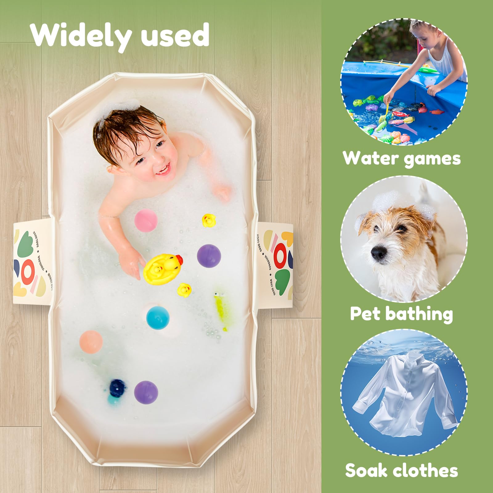 Vasca da bagno pieghevole con 5 palline, 2 anatre, vasca da bagno integrata per bambini con vite di scarico, vasca da doccia portatile, navicella integrata per bambini da 0 a 8 anni