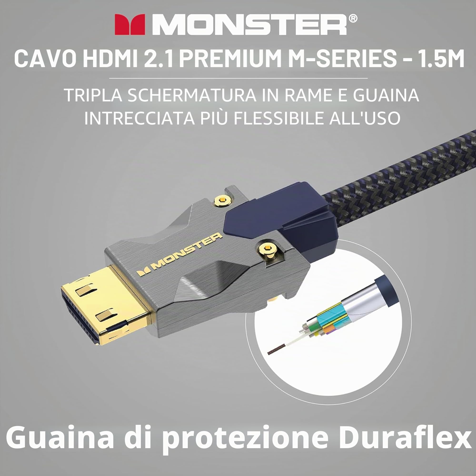 Monster - Cavo HDMI 8K Video HDR 48GBPS, Velocità Flash, Connettori V-Grip Tripla Schermatura, 1,5 m, Nero