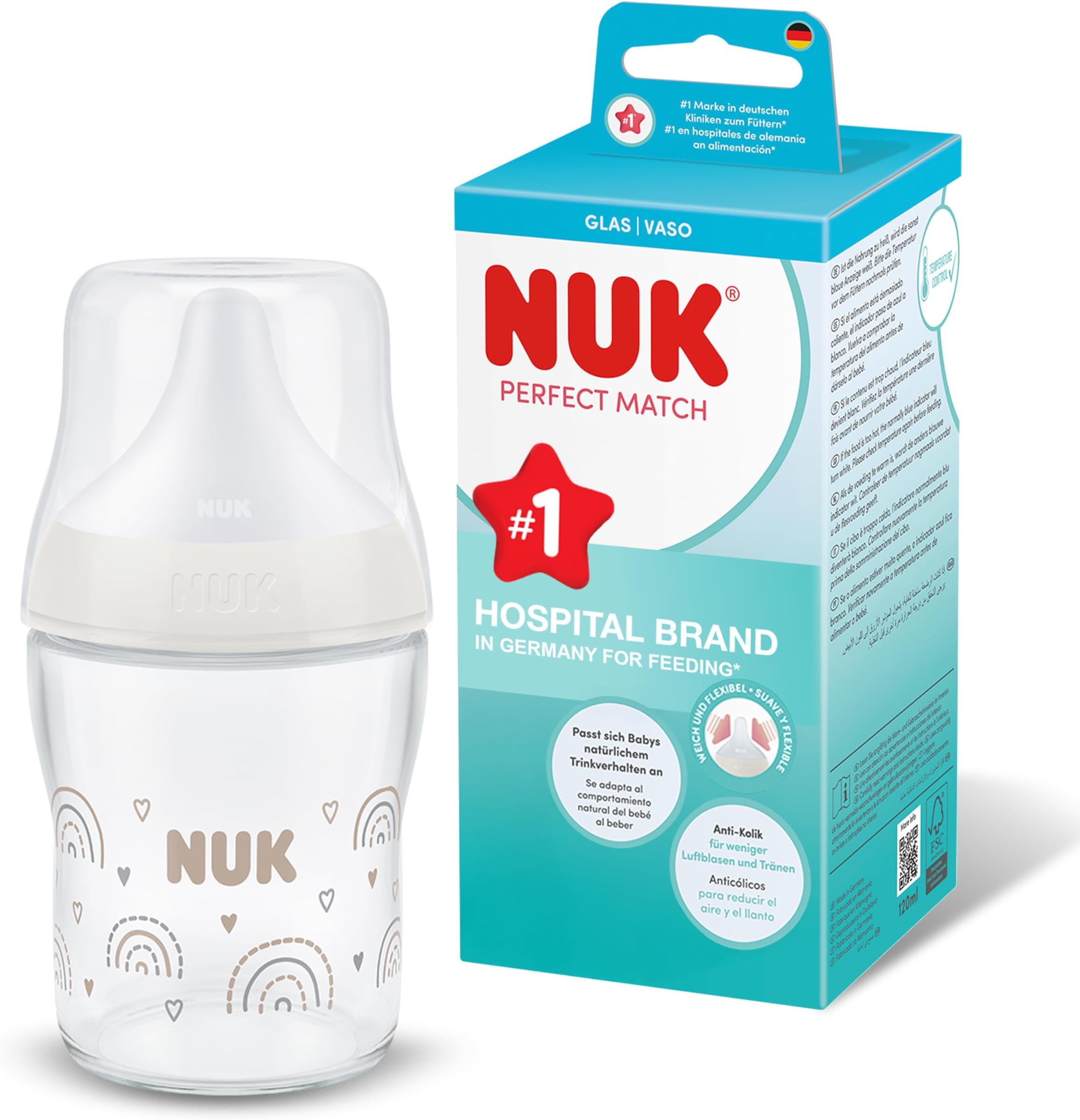 NUK Perfect Match Glass Baby Bottle | 0+ Months | 120ml | Anti Colic Feeding Bottle | Temperature Control Indicator | Rainbow | 1 Count