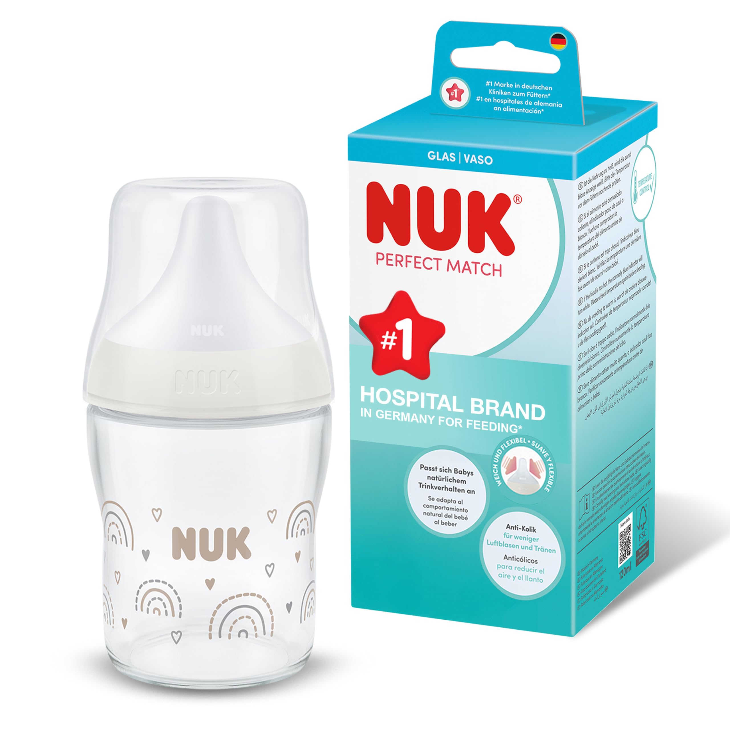NUK Perfect Match Glass Baby Bottle | 0+ Months | 120ml | Anti Colic Feeding Bottle | Temperature Control Indicator | Rainbow | 1 Count