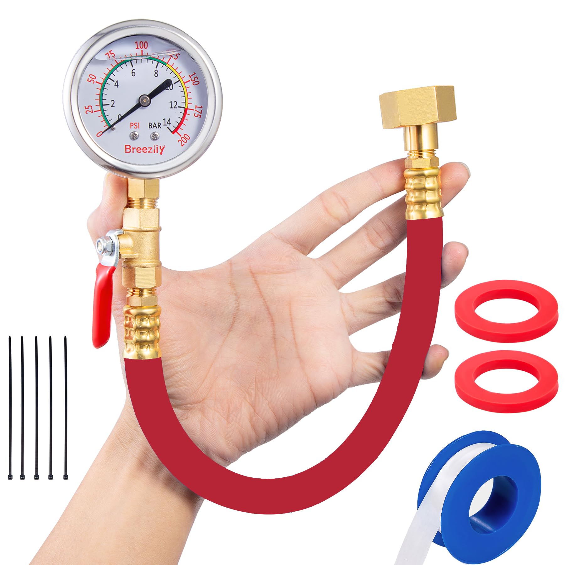 Breezliy Water Test Pressure Gauge Kit,2.5" Dial+12" EPDM Rubber+1/4" Lead-Free Valve+1/4 to 3/4 Adapter,0-200PSI/0-1.4MPA（Stainless Steel/Color） Red