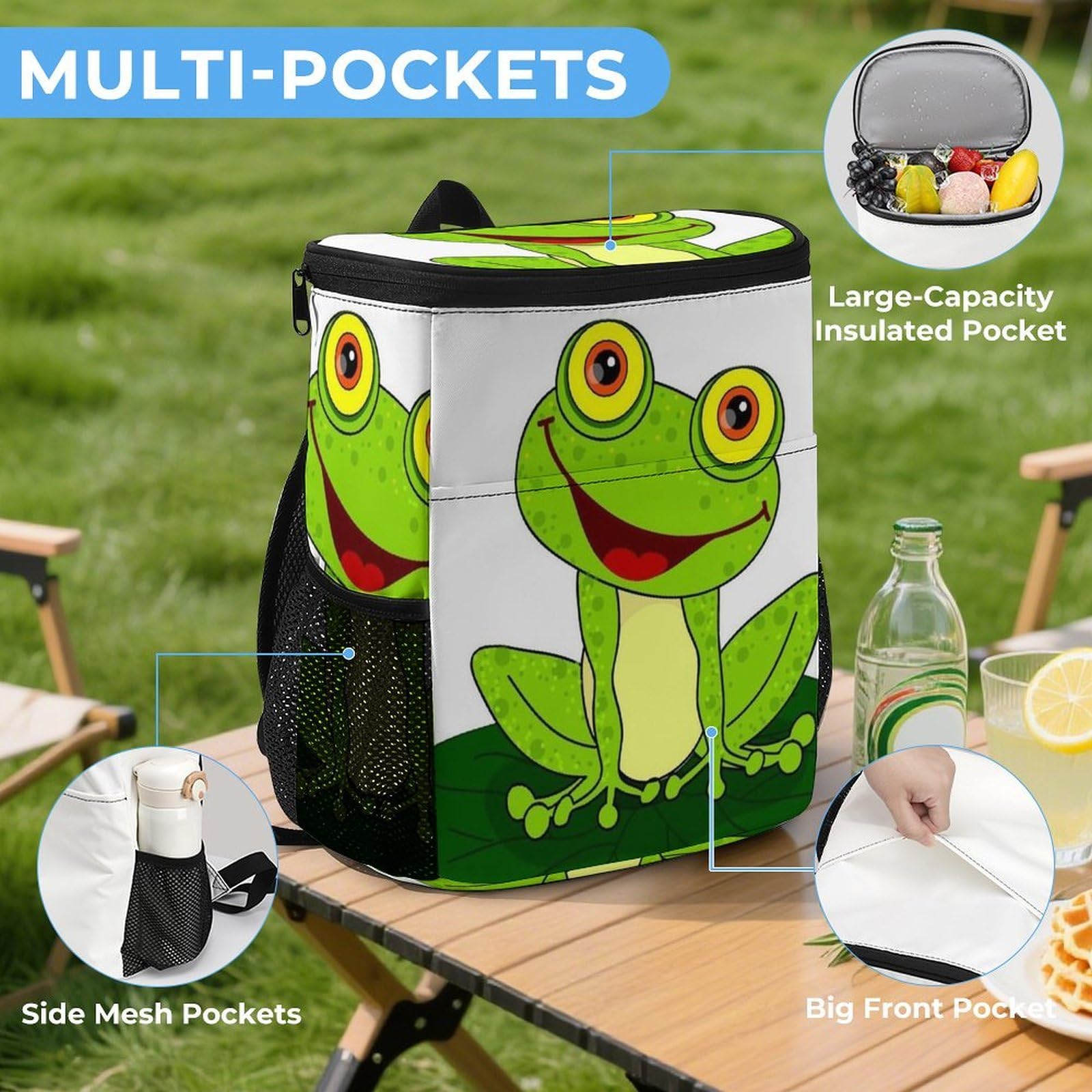 Happy Frog - Mochila térmica térmica a prueba de fugas de tela de sarga de poliéster resistente con correas acolchadas ajustables, bolsa térmica para picnic, camping, actividades al aire libre