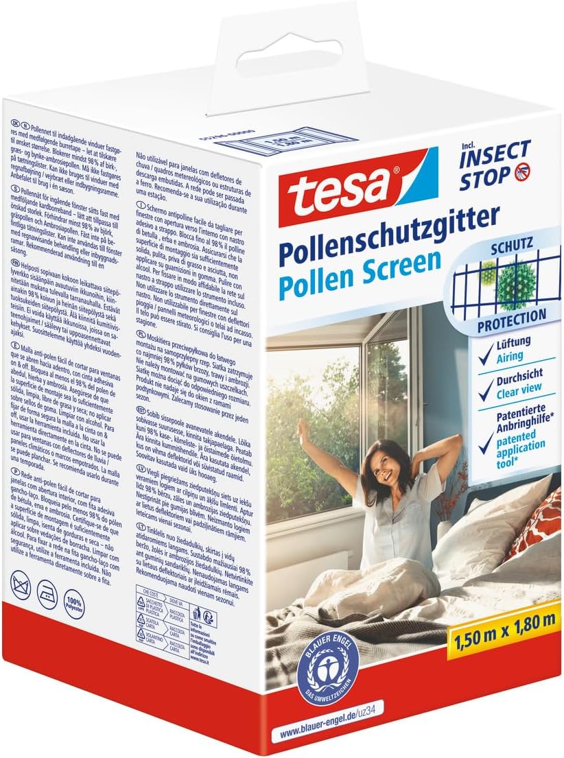 tesa Pollen Screen – Cut-to-Size, Transparent Pollen Protection to Reduce Allergies – for Inward Opening Windows – incl. Self-Adhesive Tape – Anthracite – 150 cm x 180 cm
