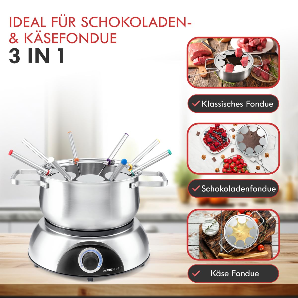 Clatronic FD 3783 - Pentola elettrica per fonduta con paraspruzzi rimovibile, per 8 persone, con forchette per fonduta in acciaio inox, codice colore, capacità max. 1,2 litri/1400 Watt, in acciaio