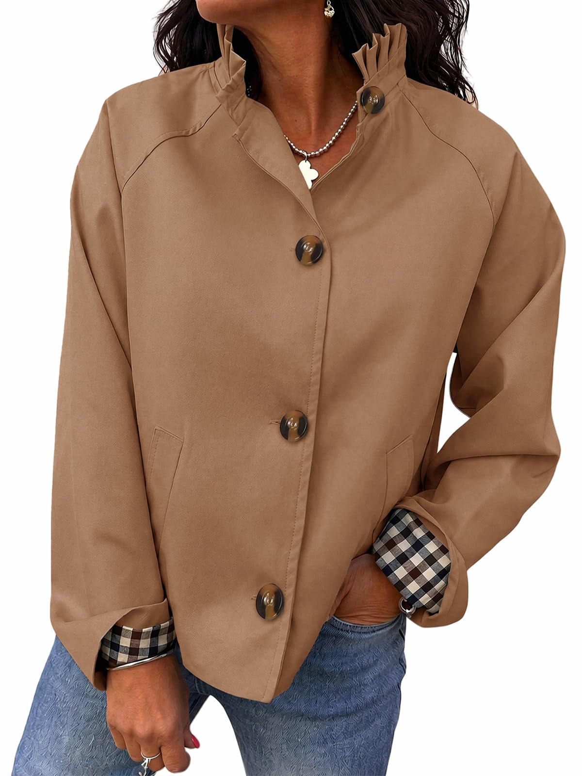 Cicy Bell Womens Ruffle Short Trench Coat Single Breasted Cropped Jackets