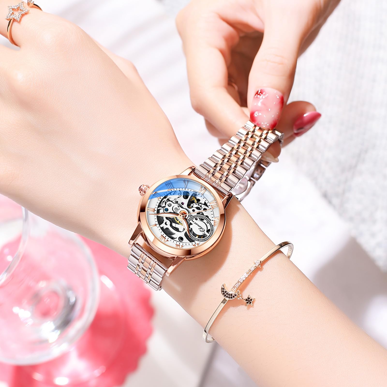MASTOP Famale Damen Armbanduhr Saphir Automatik Steampunk Armband Gold Skelett Leder Skelett Damenuhr