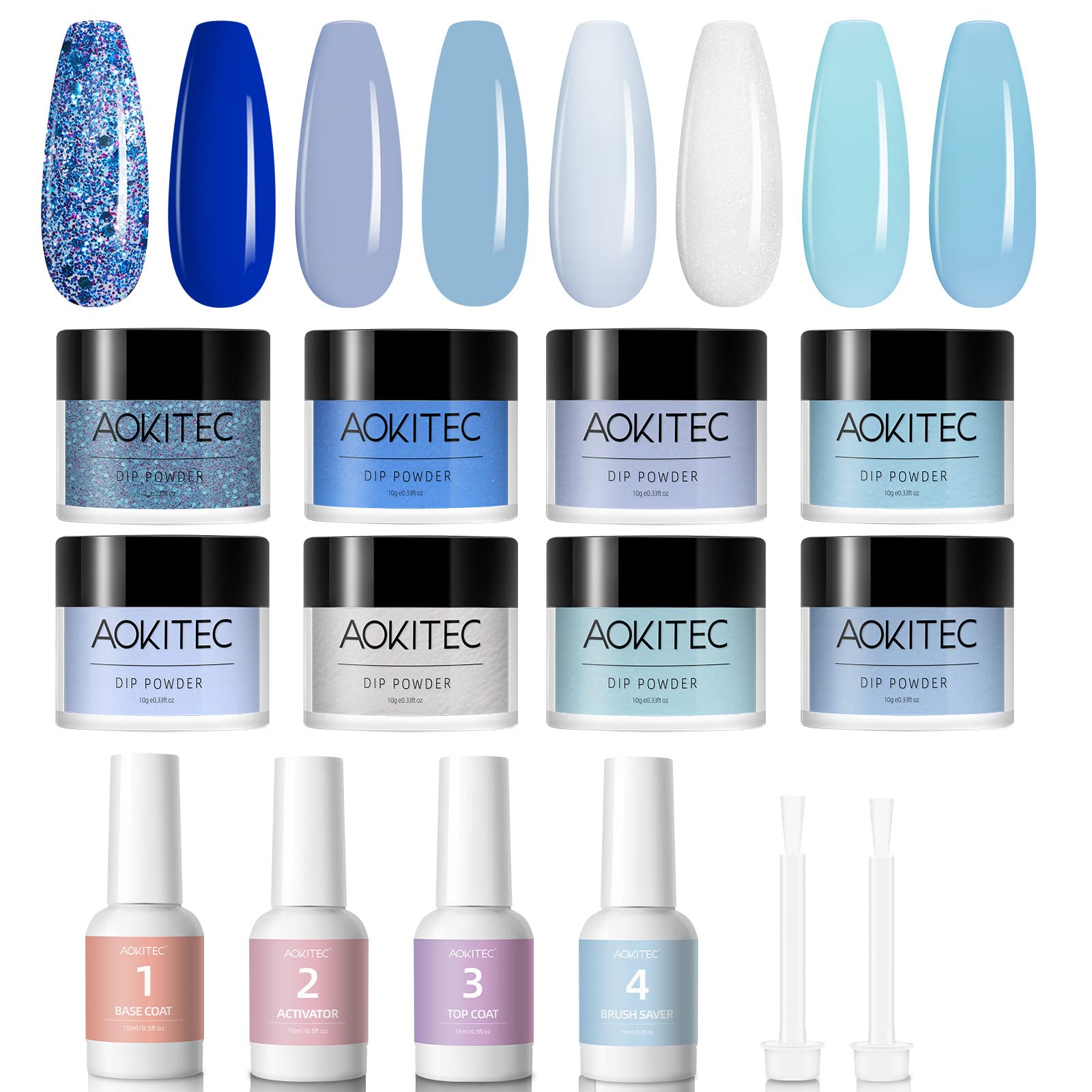 Aokitec 8 Colors Dip Powder Kit With Dip Powder Liquid Set 0.5oz Acrylic Dipping Powder Gel Base & Top Coat Activator Brush Saver Nail Dip liquid Kit 4+2Pcs Manicure Set for Home DIY & Salon Use