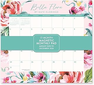 Orange Circle Studio 2025-2026 Magnetic Monthly Fridge Calendar, Bella Flora, 17-Month, August 2025 - December 2026, 9.5" x 8.4", Daily Aesthetic Planner Notepad with Magnet for Refrigerator, Easy Organizer for Grocery List, Appointments