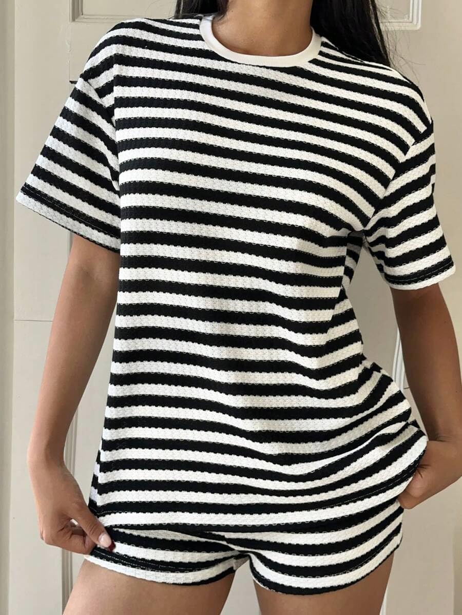 EOSIEDUR Women Striped Two Piece Outfit Short Sleeve Crewneck Top and Shorts Set with Pockets Summer Tracksuit