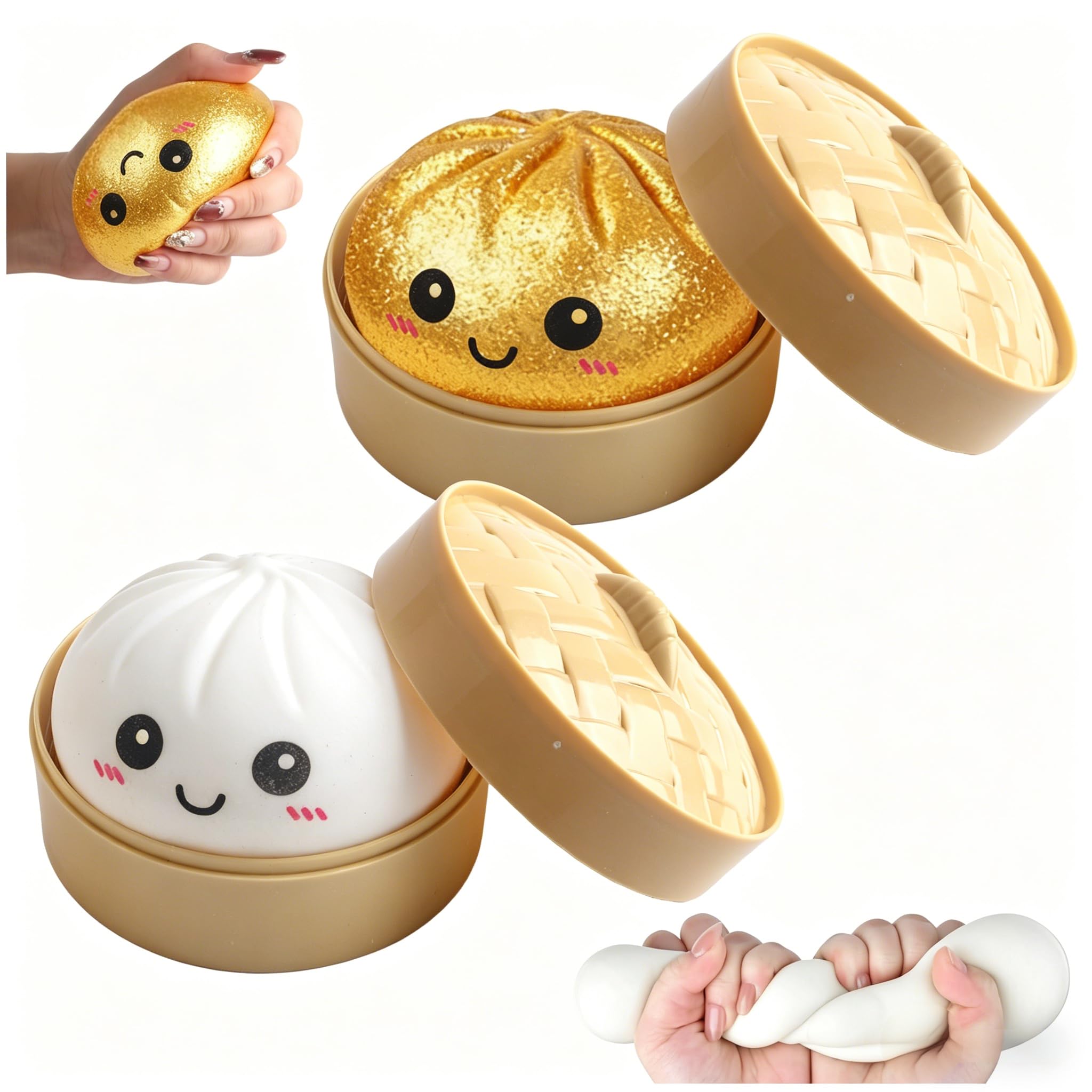 Giant Dumpling Squishy, Mystery Dumpling Squishy, Gigante Glitter Squishys Ravioli, Palla Antistress Gigante Misteriosa, Giocattolo Antistress Bao Bun Con Vaporiera Per Bambini Adulti（Oro + Bianco）