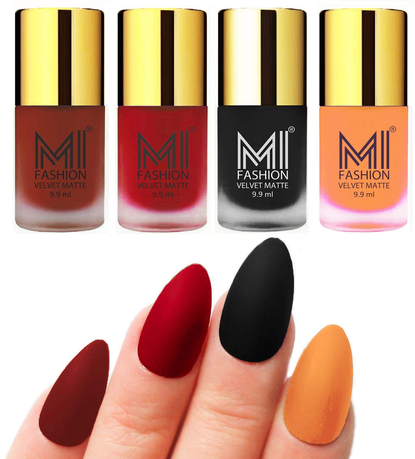 MI FASHION Velvet Matte Lacquer Nail Paint Sets Water Resistant 9.9ml Cherry Red, Tomato Red, Black, Saffron Orange (Pack Of-4)-image-47
