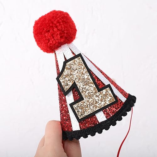 Miniatura 7 de YOUAME Sombrero de fiesta de primer cumpleaños de circo, traje de corona roja con purpurina para niños y niñas, divertida decoración de fiesta
