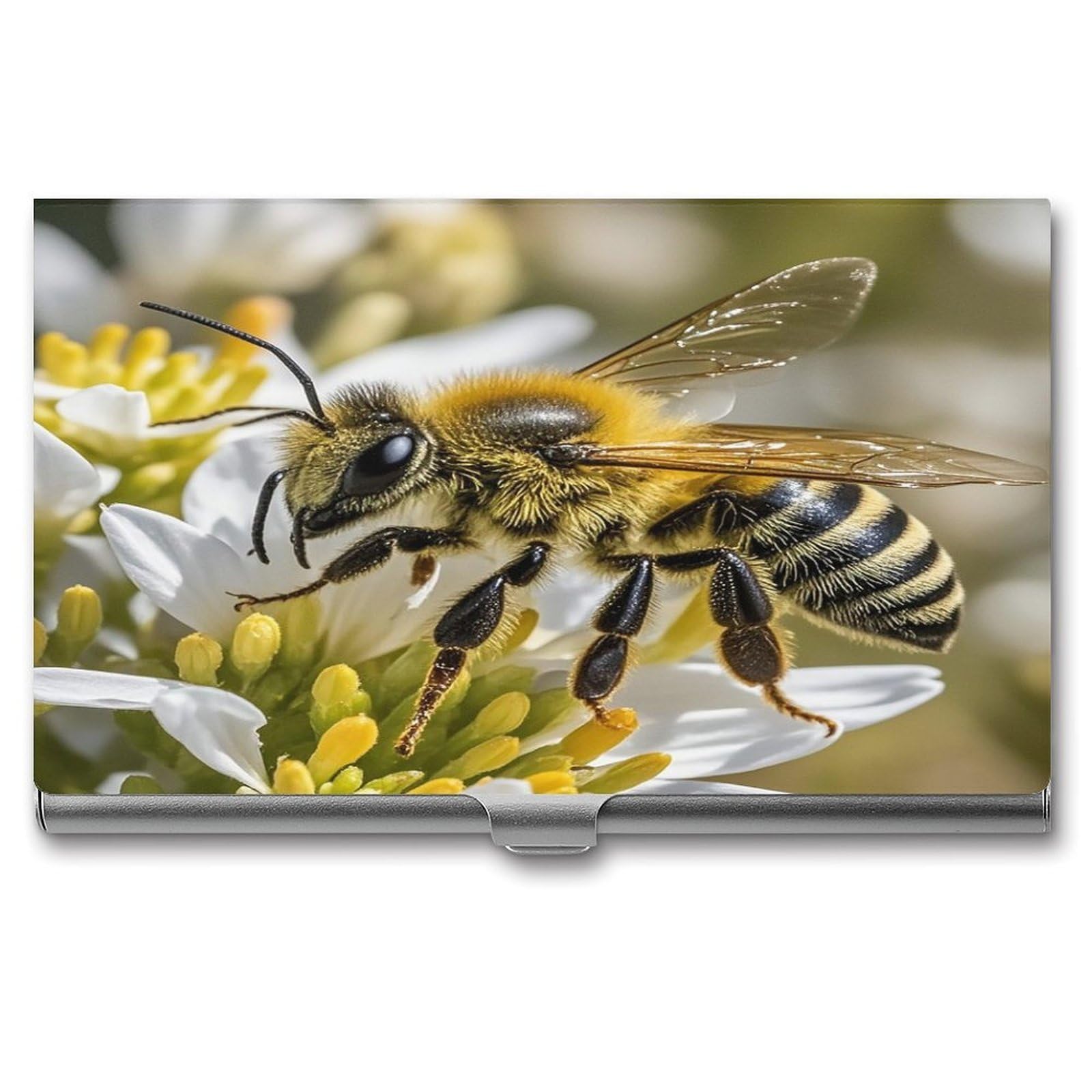 LZQPOEAS Honey Bee Business Card Holder Aluminum Alloy Flip Cover Slim Name Cards Case Lightweight Business Name Card Holder Case Portable Purse Name Cards Holder