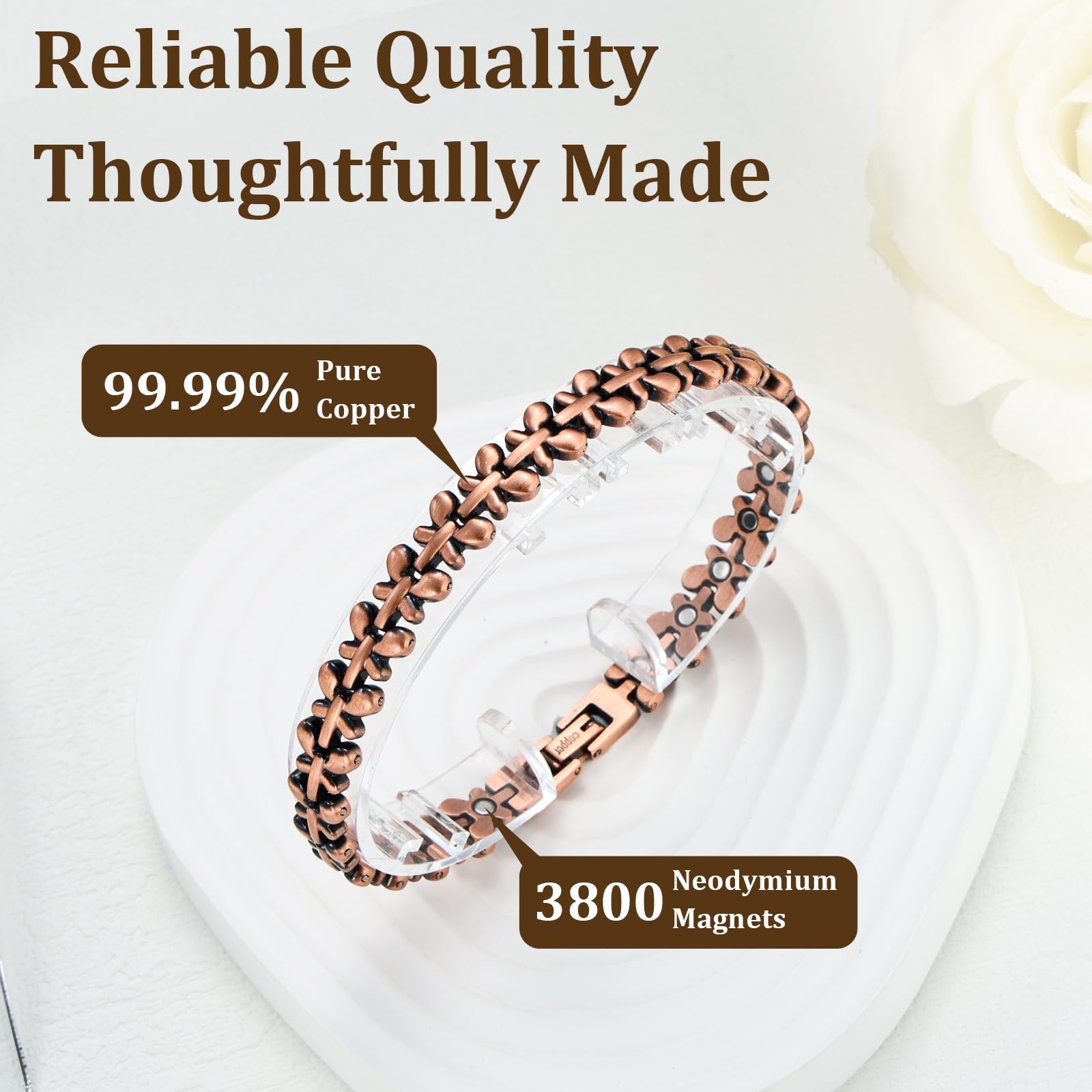 HHRFCS Kupfer-Magnetarmband und Ring-Set für Damen – Gliederarmband aus reinem Kupfer mit 3800 Gauss-Magneten und verstellbarem Herzring, Schmuckgeschenk