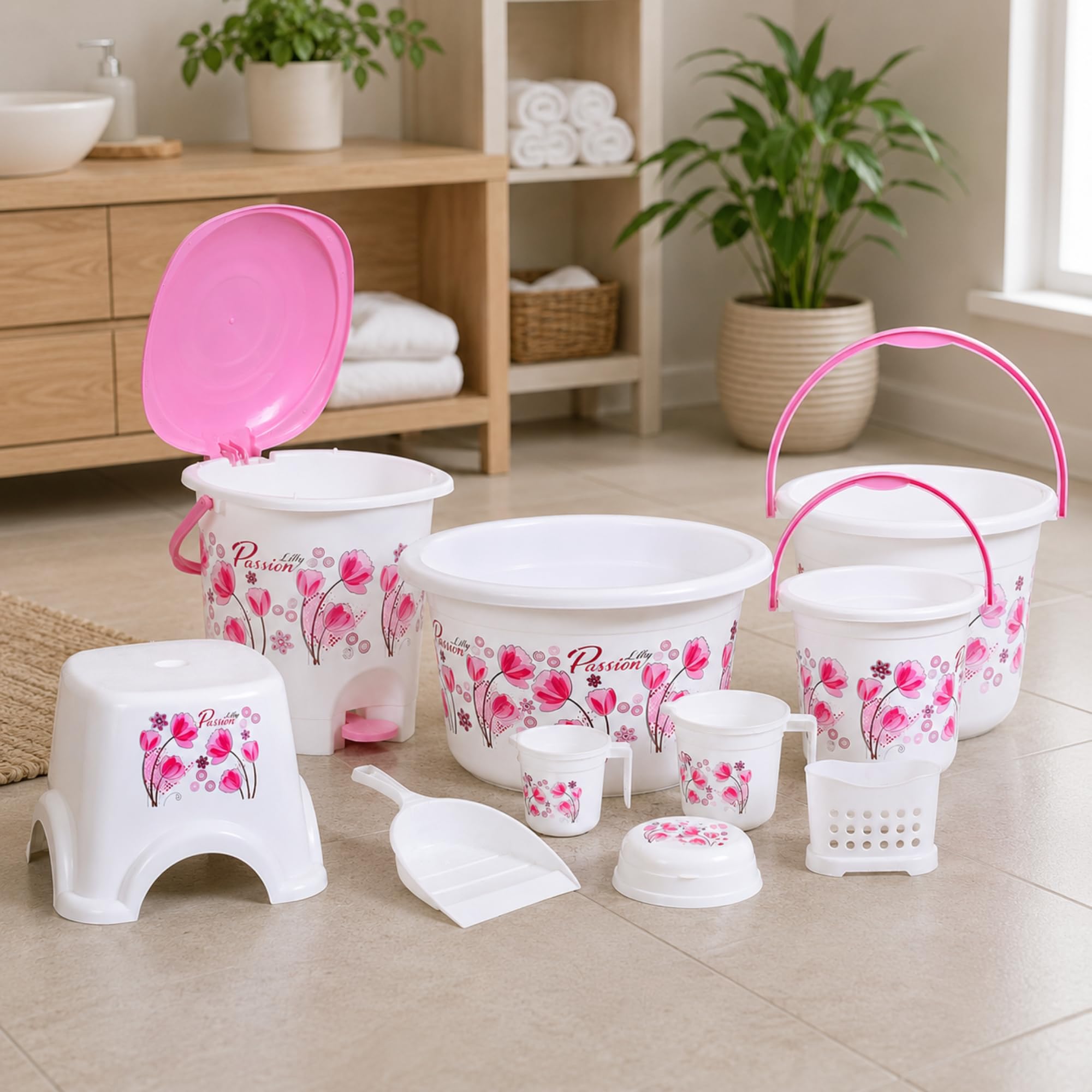 Novelty Store Bathroom Set 10 Pieces Heavy Duty, Large Capacity (16 LTR Bucket, 5 LTR Bucket, Patla, 18 LTR Deep Tub, Dustbin,Mug 1.5 LTR, Mug 1 LTR, Soapcase, Dustpan, Tooth Brush Stand -White Pink-image-19