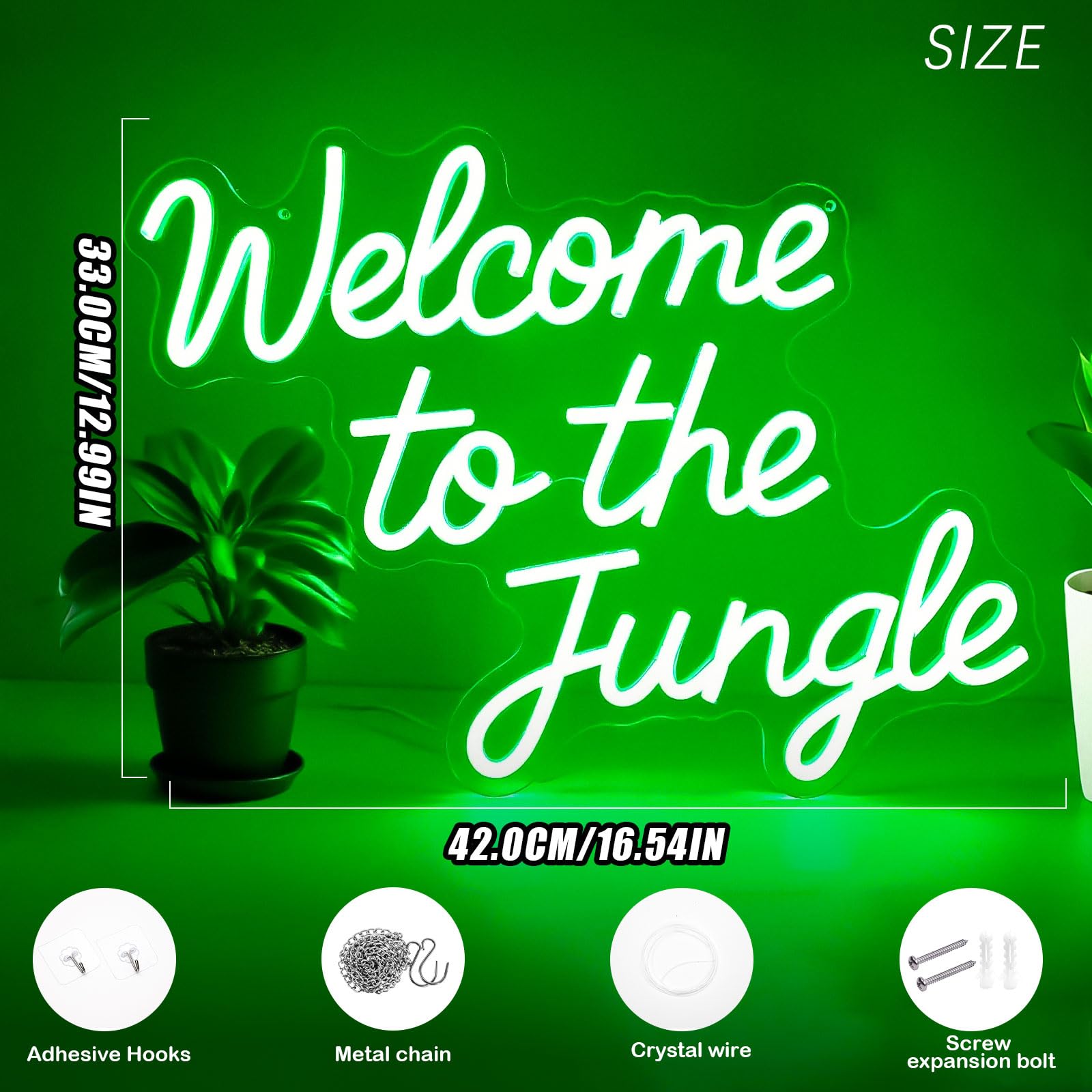 Letrero de neón con texto en inglés "Welcome to the Jungle" para decoración de la selva, luces LED verdes regulables para fiesta de selva, aula, guardería, entrada del hogar, habitación
