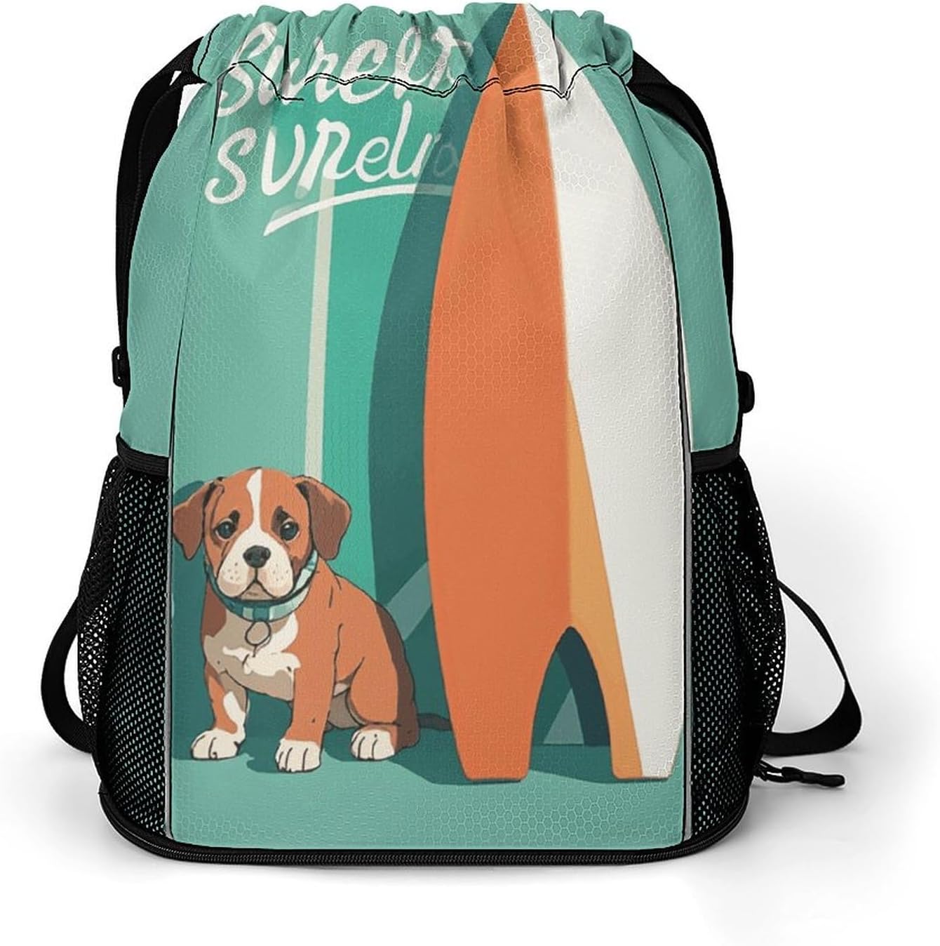 Drawstring Backpack Sports Gym Swim Bag with Shoes Compartment Surfboard And Puppy Patterns Stuff Sack