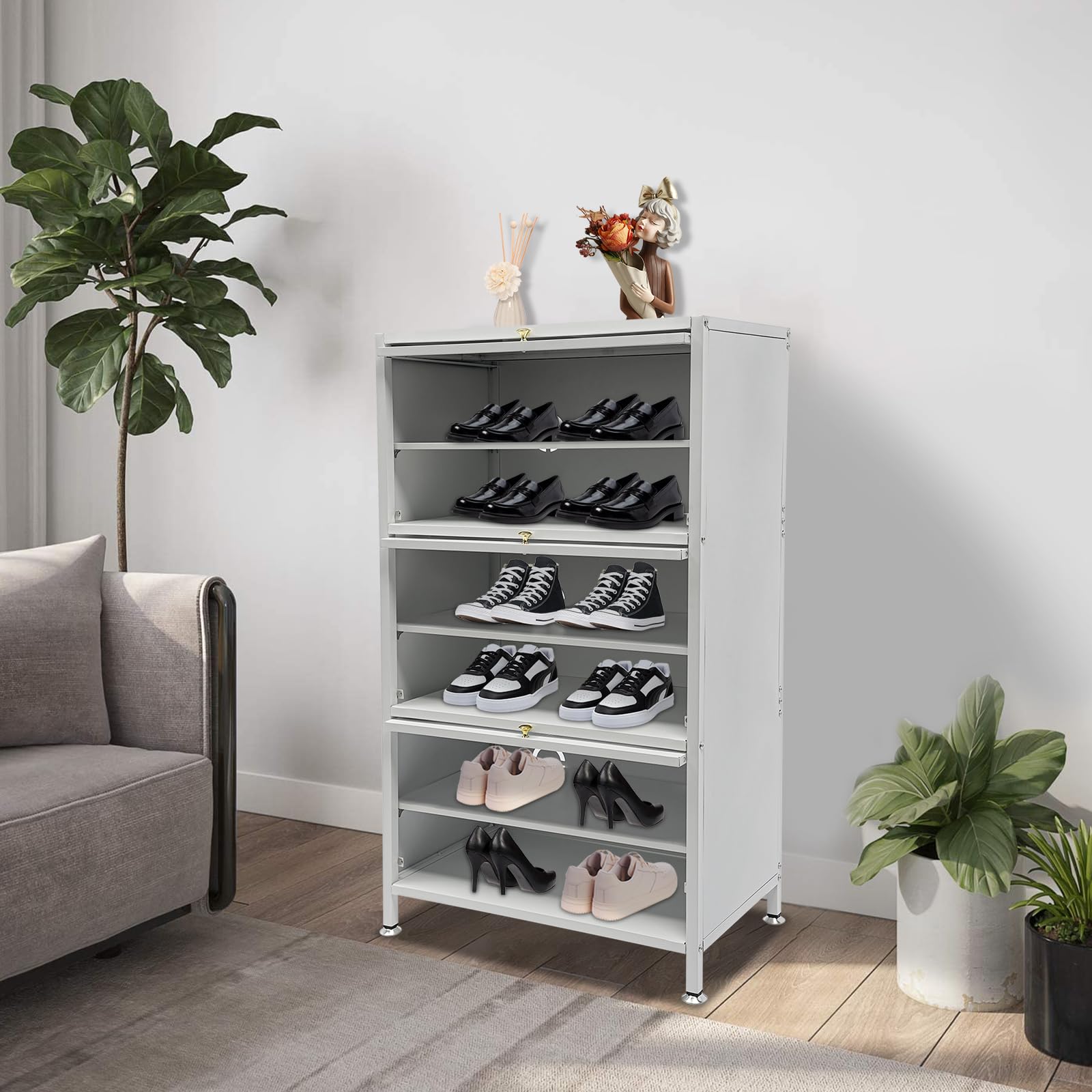 Wolnostojąca szafka na buty, 6 poziomów, 3 drzwi, stal węglowa, ciepła biel